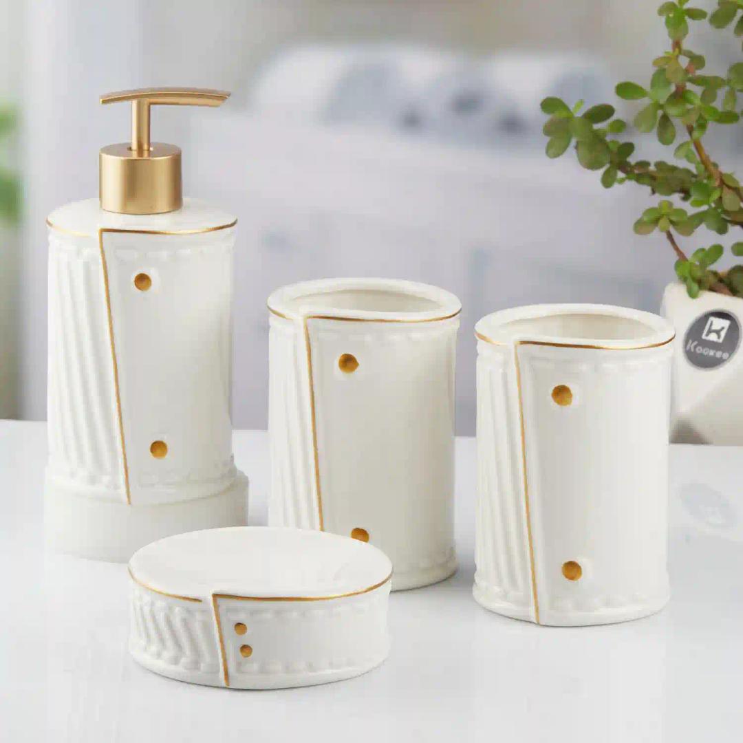 Kookee Ceramic Bathroom Accessories Set of 4, Modern Bath Set with Liquid hand wash Soap Dispenser and Toothbrush holder, Luxury Gift Accessory for Home, White (10373)