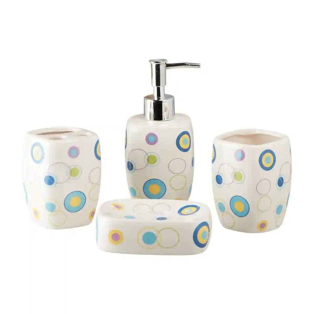 Kookee Ceramic Bathroom Accessories Set of 4, Modern Bath Set with Liquid handwash Soap Dispenser and Toothbrush holder, Luxury Gift Accessory for Home - Multicolor (10169)