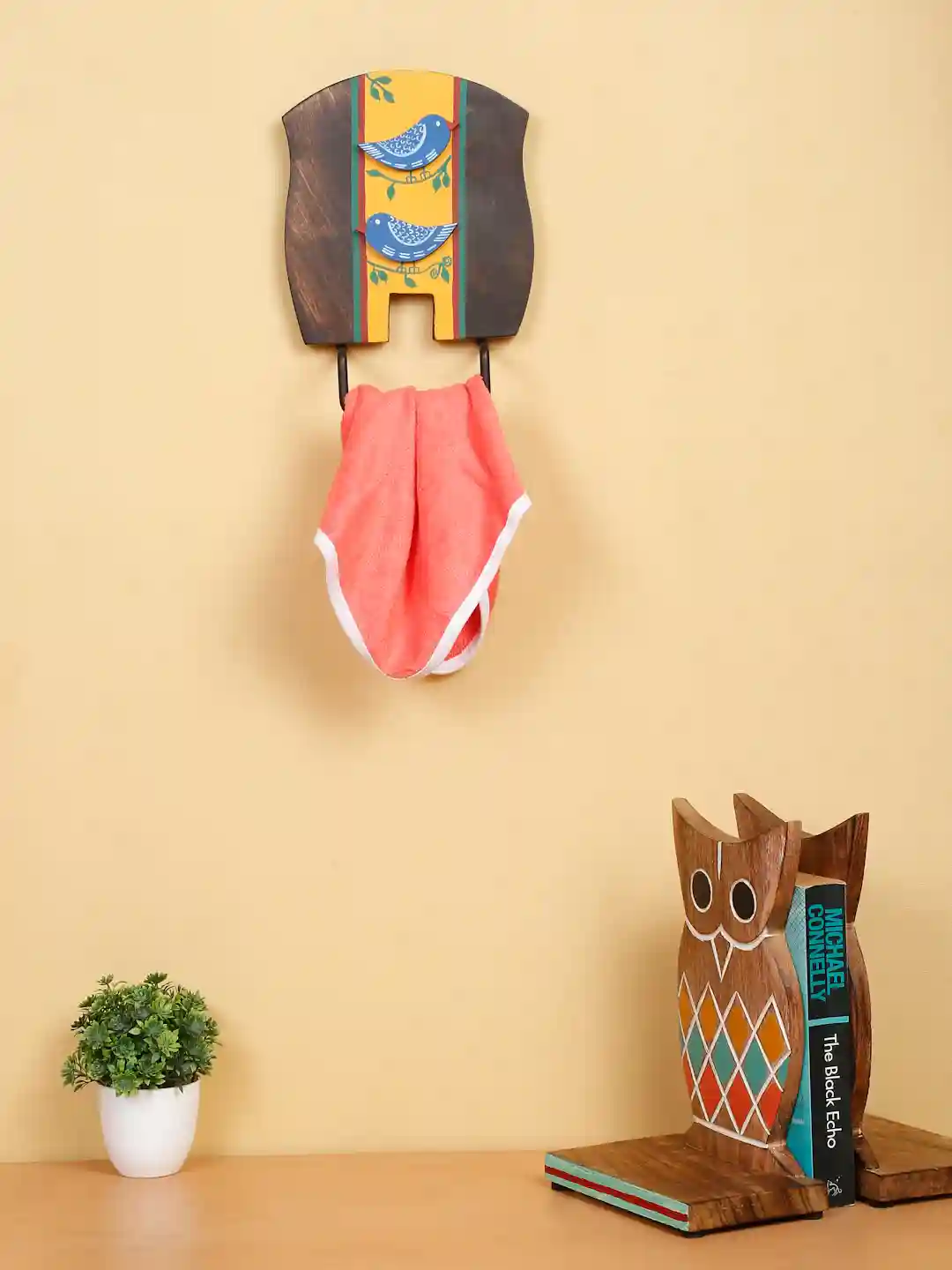 Shilpkara Love Birds Handcrafted Wooden Towel Ring Holder with Curved Handle