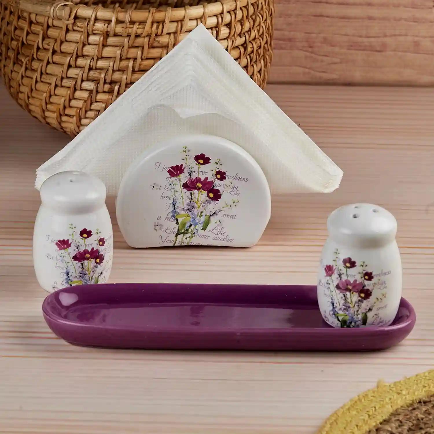 Kookee Ceramic Salt and Pepper Shakers Set with tray for Dining Table used as Namak Dhani, Shaker, Sprinkler, Spices Dispenser for Home, Kitchen and Restaurant, Purple (10715)