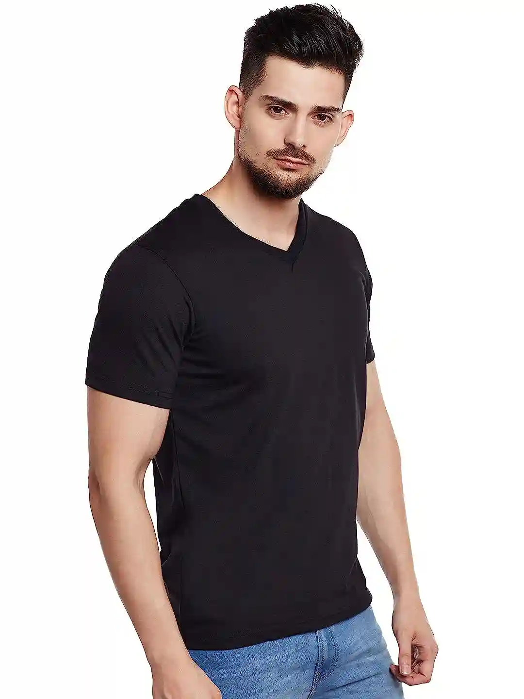 V-Neck Cotton T-shirt for Men - Black (Small)