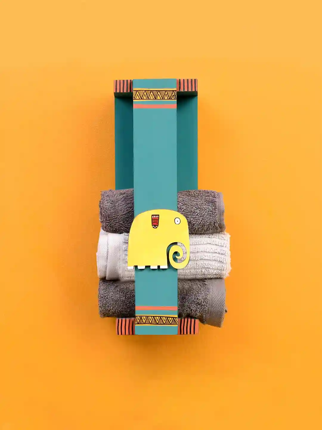 Shilpkara Happy Elephant Handcrafted Wall Mounted Wooden Towel Rack Holder