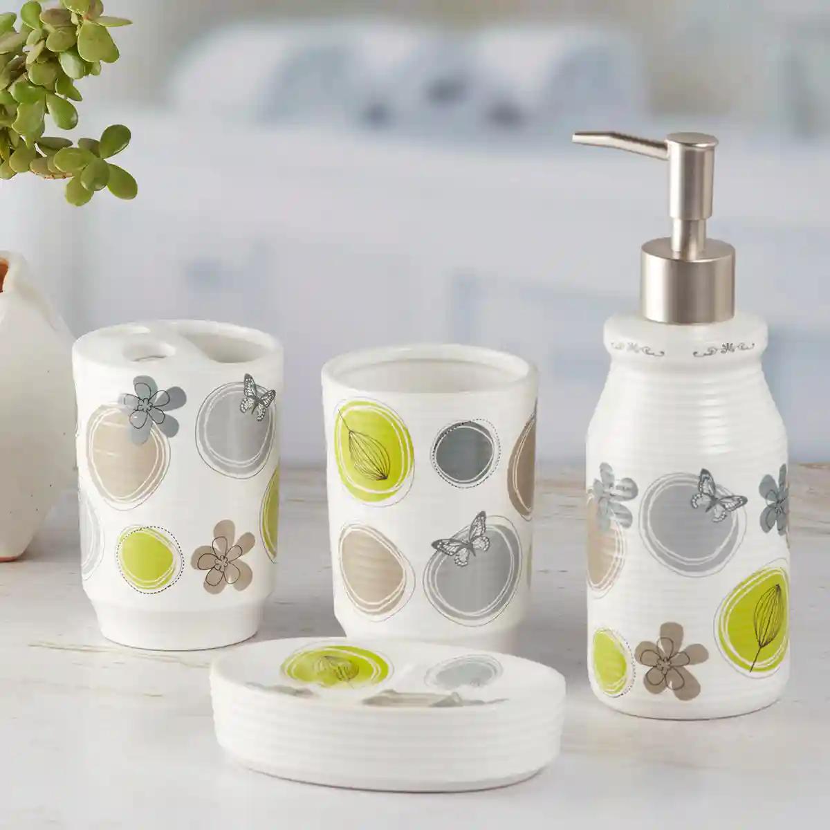 Kookee Ceramic Bathroom Accessories Set of 4, Modern Bath Set with Liquid handwash Soap Dispenser and Toothbrush holder, Luxury Gift Accessory for Home - White (8295)