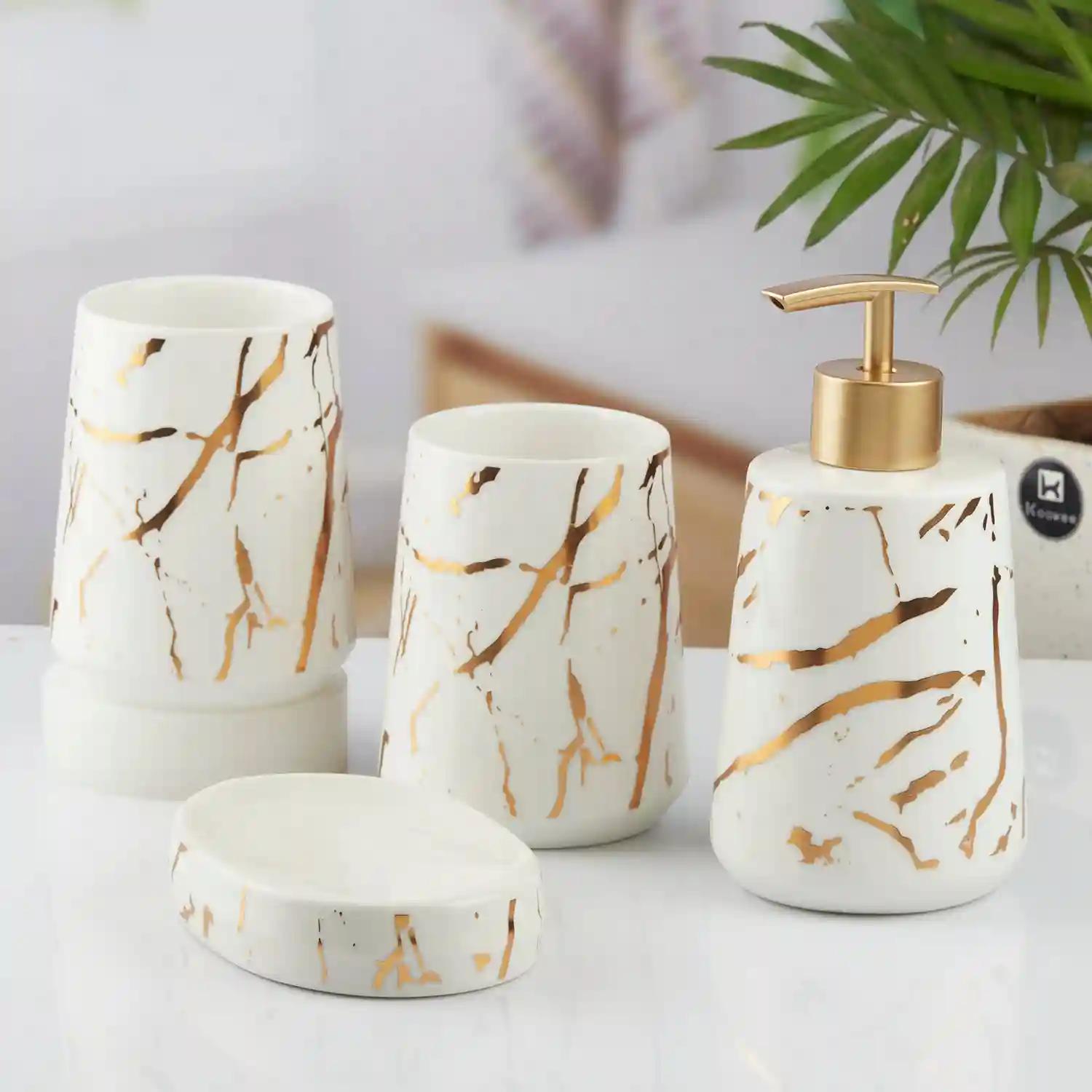 Kookee Ceramic Bathroom Accessories Set of 4, Modern Bath Set with Liquid hand wash Soap Dispenser and Toothbrush holder, Luxury Gift Accessory for Home, White/Gold (10456)