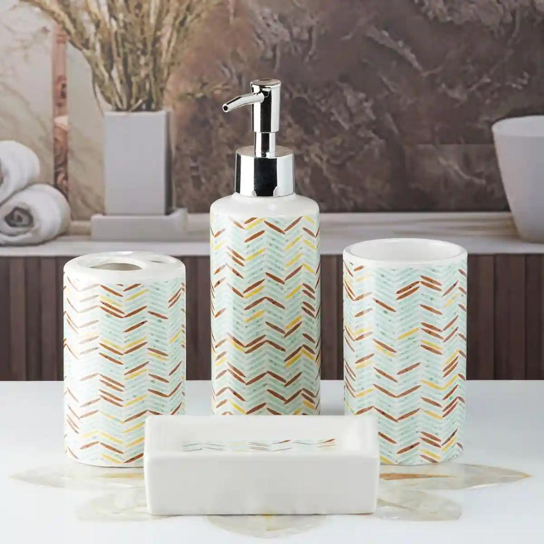 Kookee Ceramic Bathroom Accessories Set of 4, Modern Bath Set with Liquid handwash Soap Dispenser and Toothbrush holder, Luxury Gift Accessory for Home - Multicolor (10056)