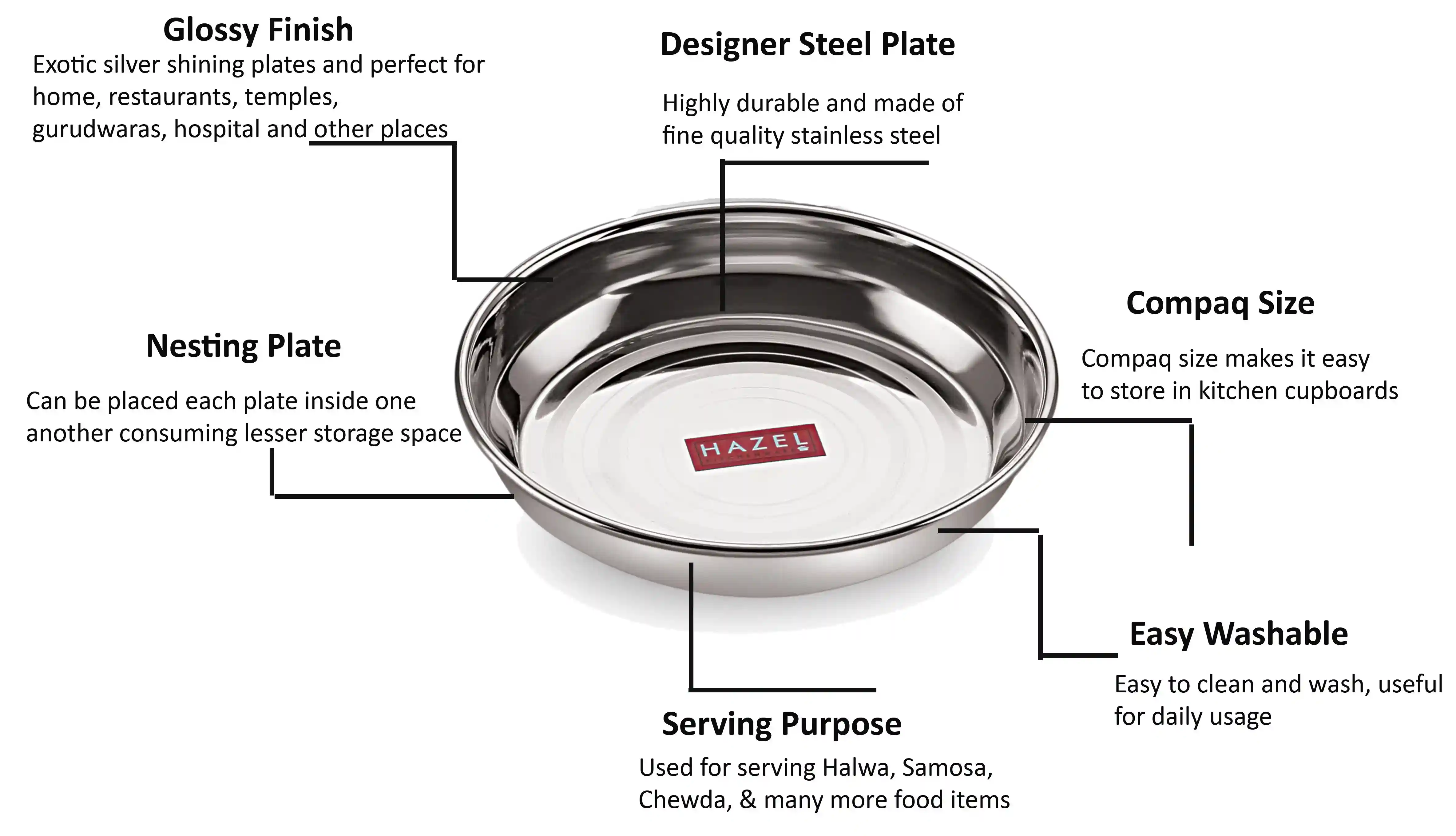 HAZEL Stainless Steel Plates Set | Small Steel Plates for Snacks | Breakfast Plates, 300 ML, Set of 3