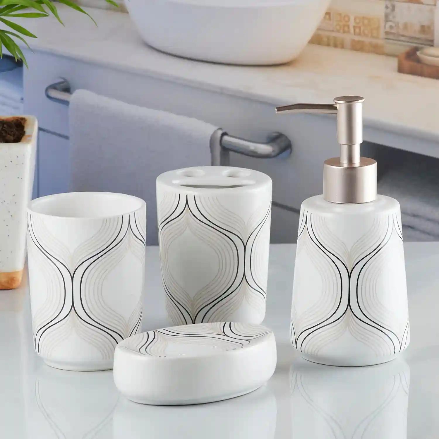 Kookee Ceramic Bathroom Accessories Set of 4, Modern Bath Set with Liquid handwash Soap Dispenser and Toothbrush holder, Luxury Gift Accessory for Home - White (10167)