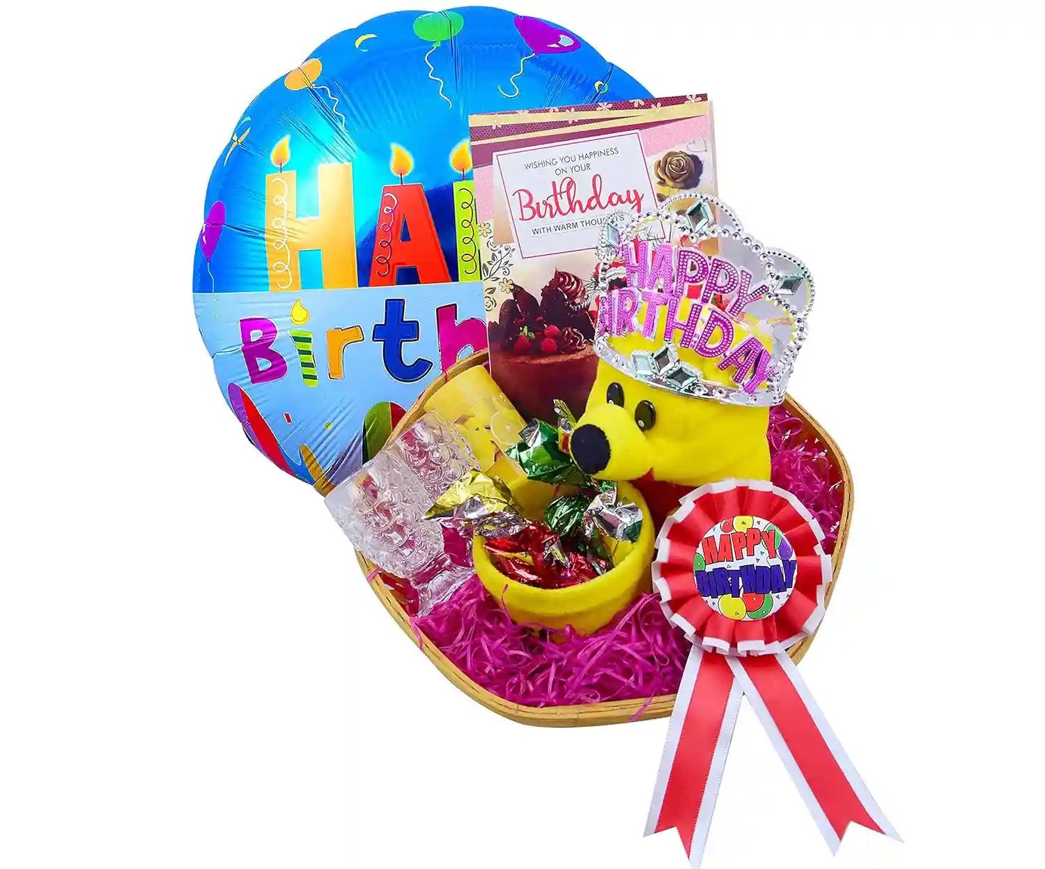 Birthday Chocolate Gift-Pen Stand With Chocolates+Birthday Balloon+Birthday Batch+2 Shot Glasses+Scented Candle+Crown+Birthday Card