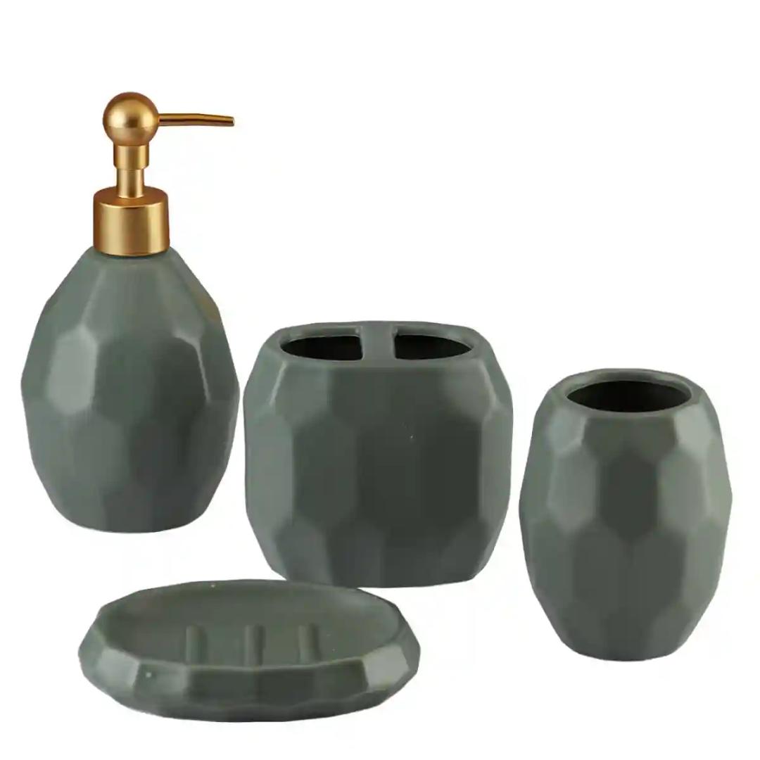 Kookee Ceramic Bathroom Accessories Set of 4, Modern Bath Set with Liquid handwash Soap Dispenser and Toothbrush holder, Luxury Gift Accessory for Home - Green (5759)