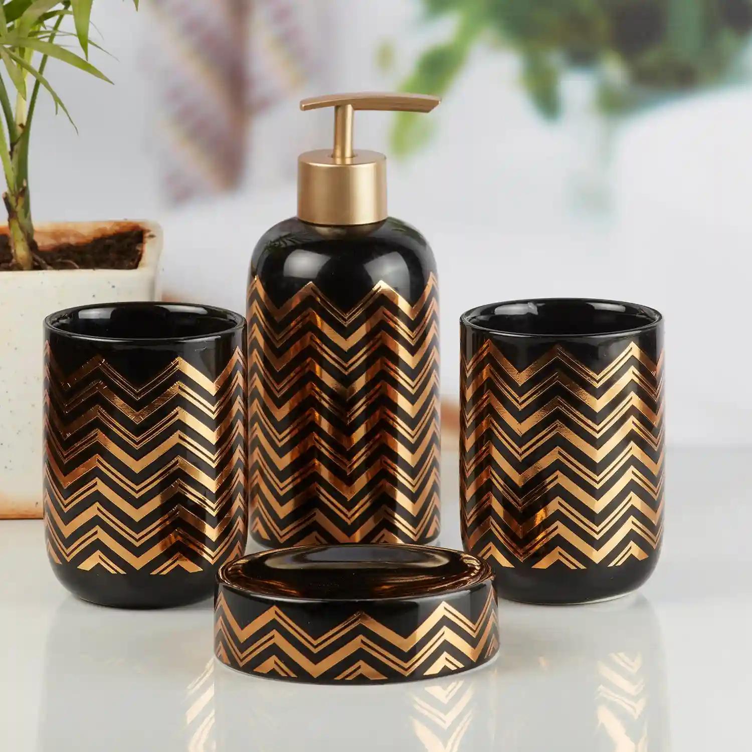 Kookee Ceramic Bathroom Accessories Set of 4, Modern Bath Set with Liquid handwash Soap Dispenser and Toothbrush holder, Luxury Gift Accessory for Home - Black (10082)