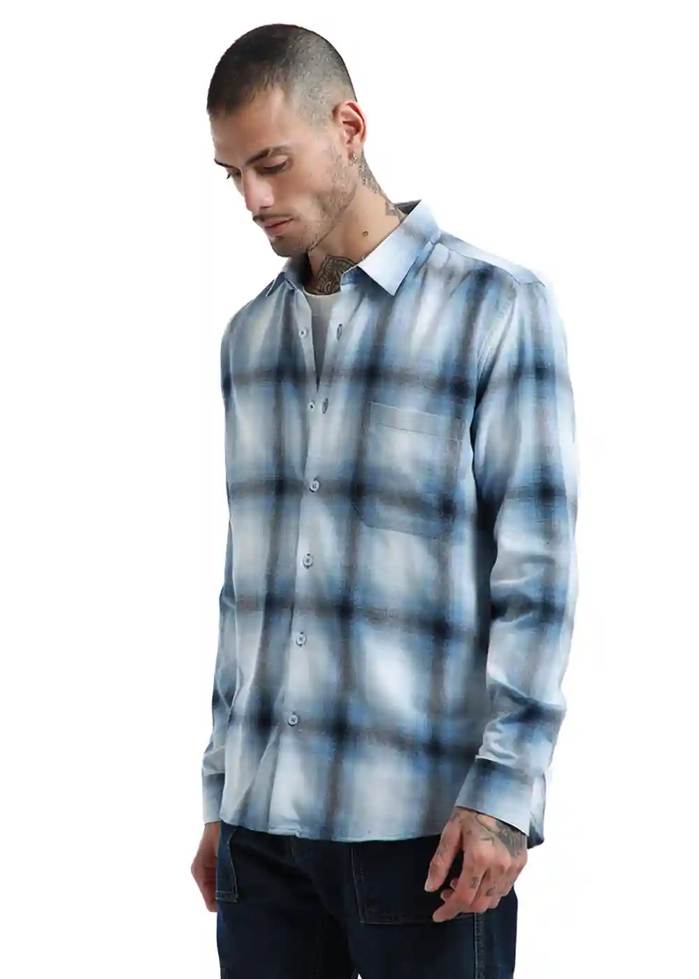 Banana Club Melange Check Soft Blue Shirt- (Small)