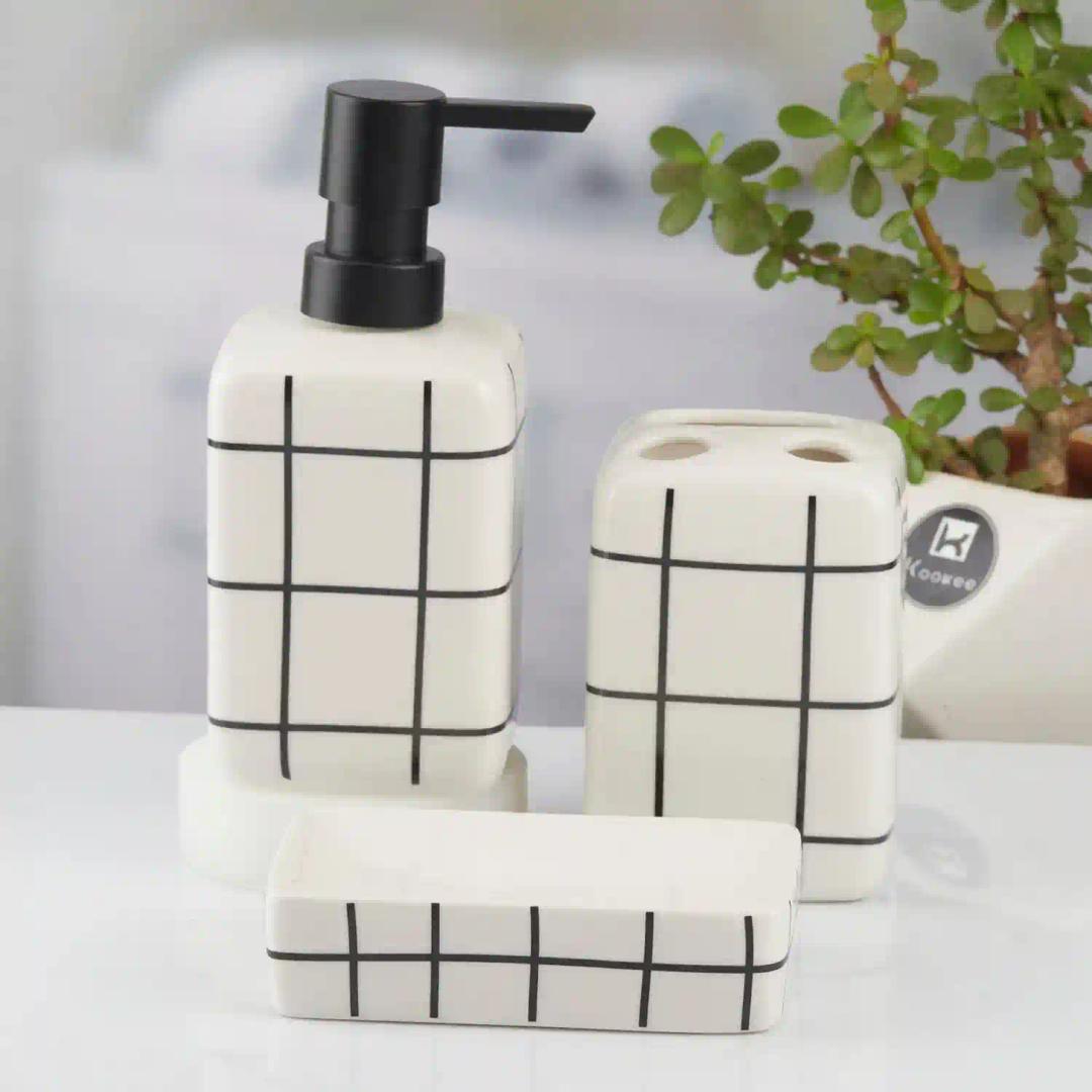 Kookee Ceramic Bathroom Accessories Set of 3, Modern Bath Set with Liquid hand wash Soap Dispenser and Toothbrush holder, Luxury Gift Accessory for Home, White/Black (10717)