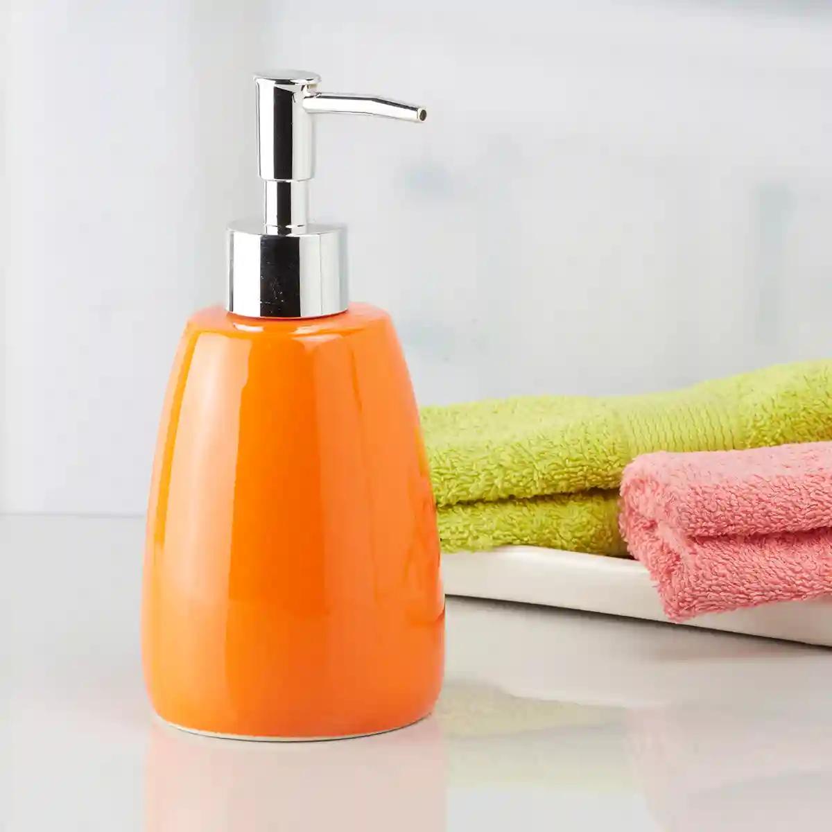 Kookee Ceramic Soap Dispenser for Bathroom handwash, refillable pump bottle for Kitchen hand wash basin, Set of 2 - Orange (5989)