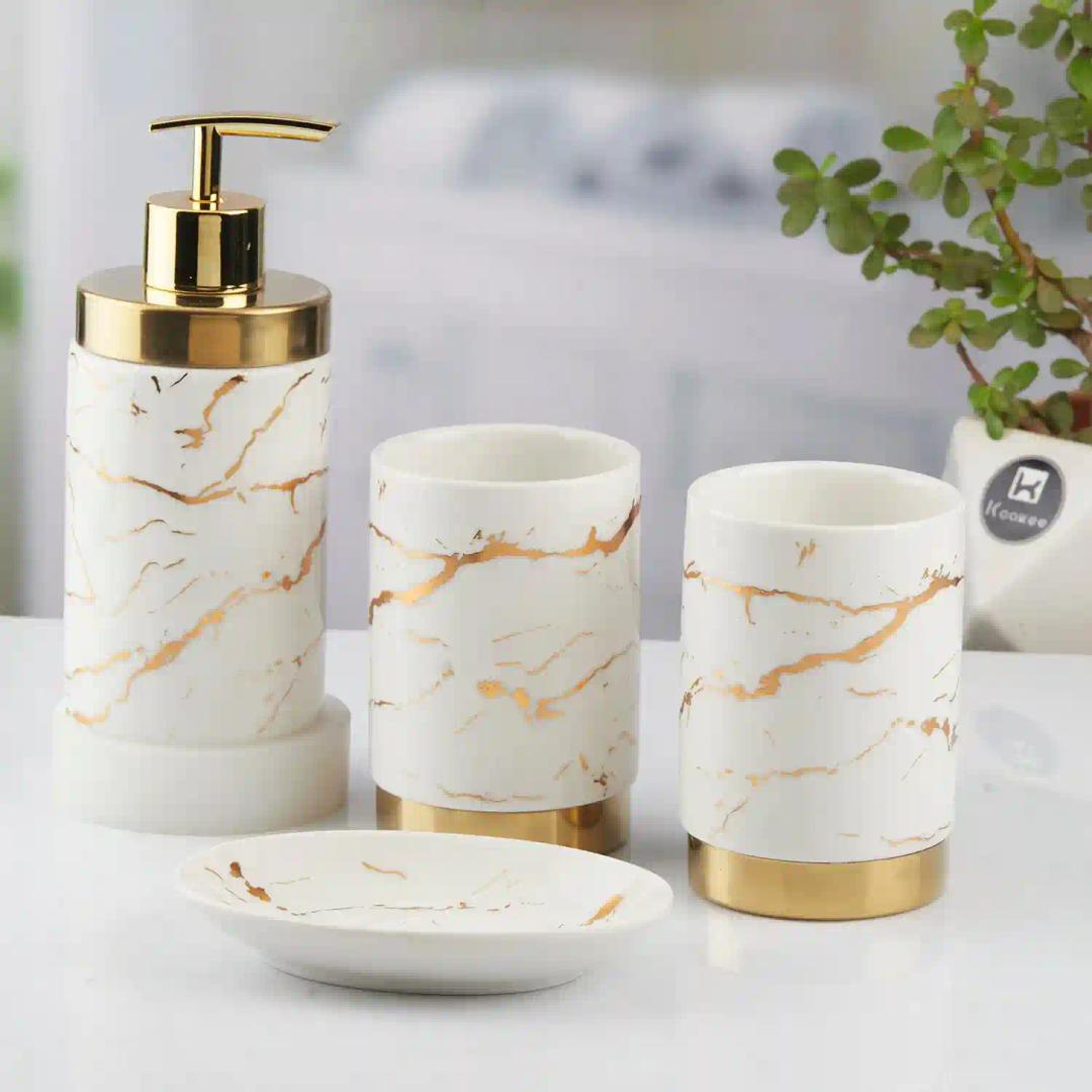 Kookee Ceramic Bathroom Accessories Set of 4, Modern Bath Set with Liquid hand wash Soap Dispenser and Toothbrush holder, Luxury Gift Accessory for Home, White/Gold (10382)