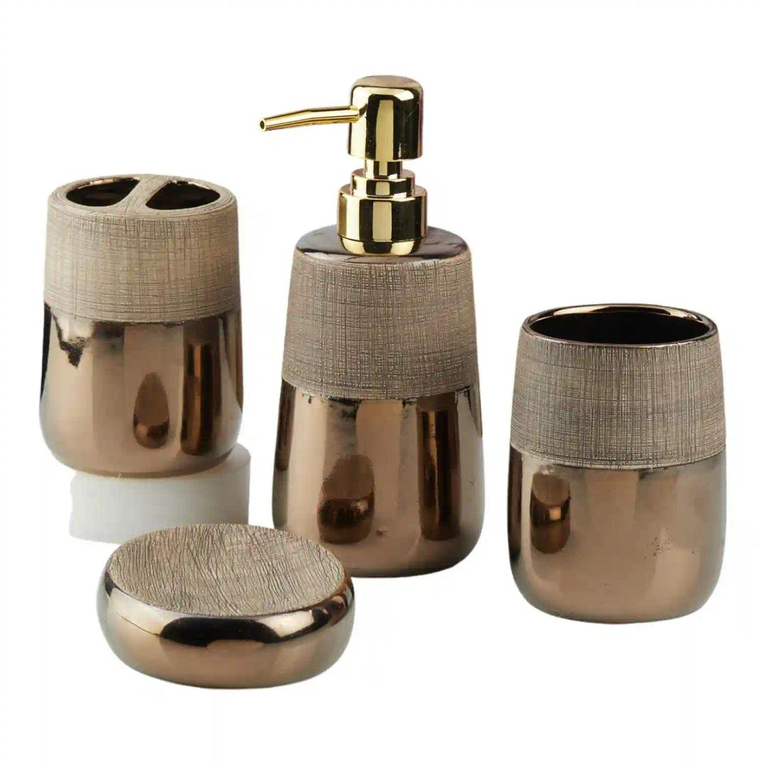 Kookee Ceramic Bathroom Accessories Set of 4, Modern Bath Set with Liquid hand wash Soap Dispenser and Toothbrush holder, Luxury Gift Accessory for Home, Brown/Grey (10386)