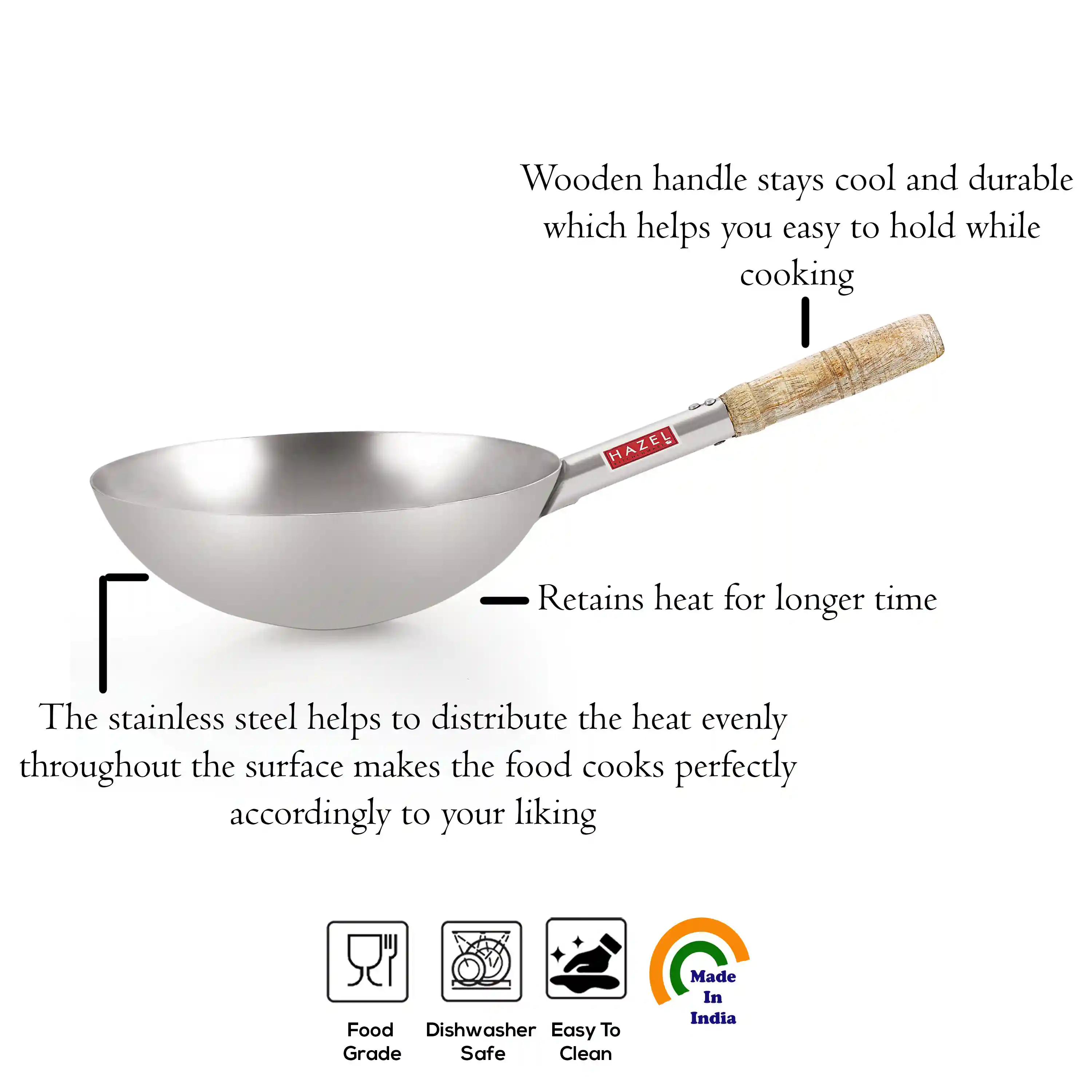 HAZEL Chinese Wok with Handle | Stainless Steel Chinese Kadai for Noodles | Fried Rice Kadai with Handle| Deep Fry Pan. 28.5 cm, 2900 ML