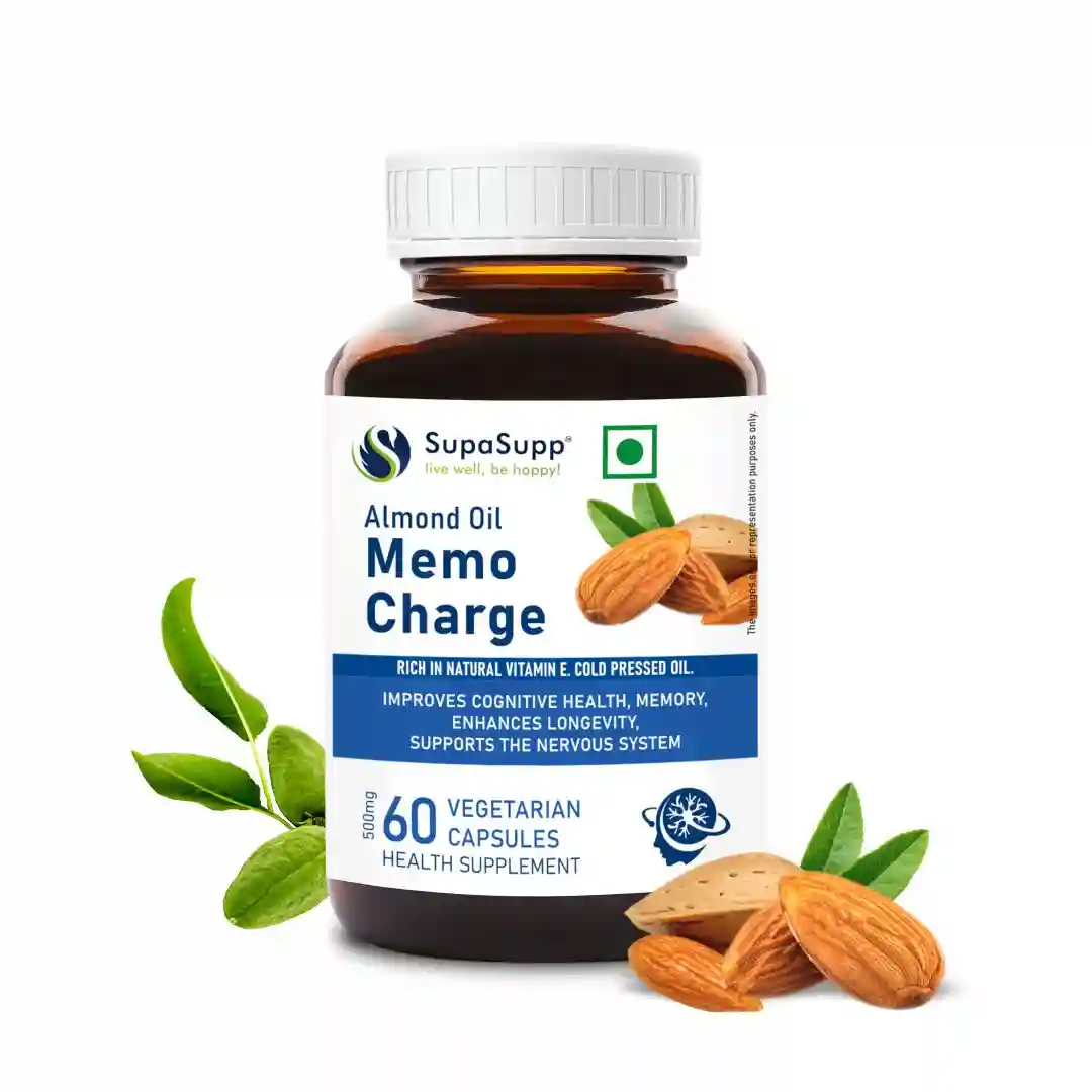 Sri Sri Tattva Supa Supp Almond Oil Memo Charge 60 Veg Cap, 500 Mg - Improves Memory, Enhances Longevity, Supports Nervous System | Vitamin E | Health Supplement