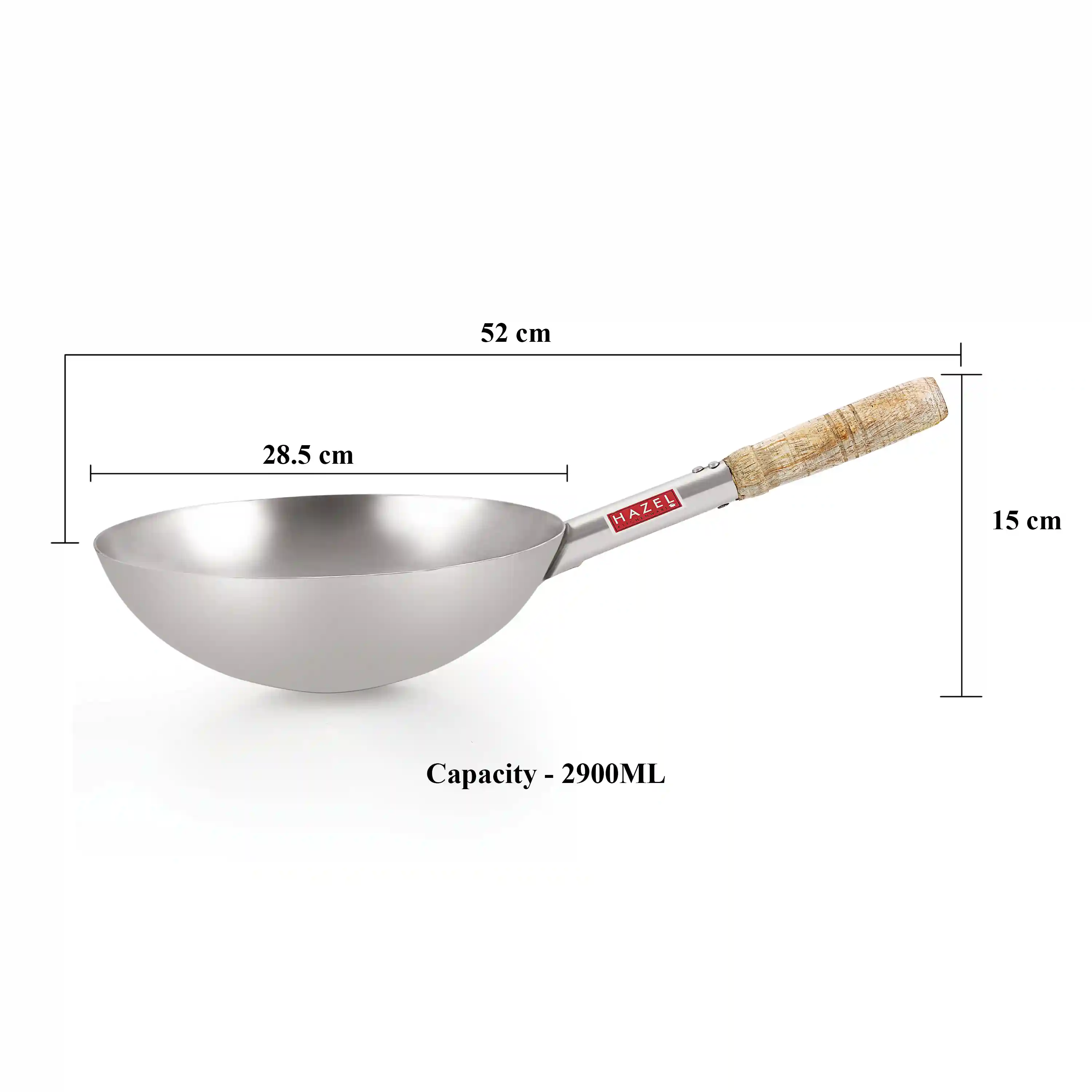 HAZEL Chinese Wok with Handle | Stainless Steel Chinese Kadai for Noodles | Fried Rice Kadai with Handle| Deep Fry Pan. 28.5 cm, 2900 ML