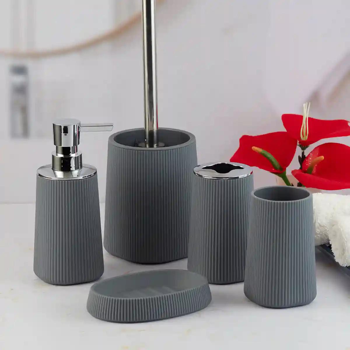 Kookee Acrylic Bathroom Accessories Set of 5, Modern Acrylic Bath Set with Liquid Soap Dispenser and Toothbrush Holder, Bathroom Accessory Set with Toilet Brush Gift Items for Home - Grey (10033)