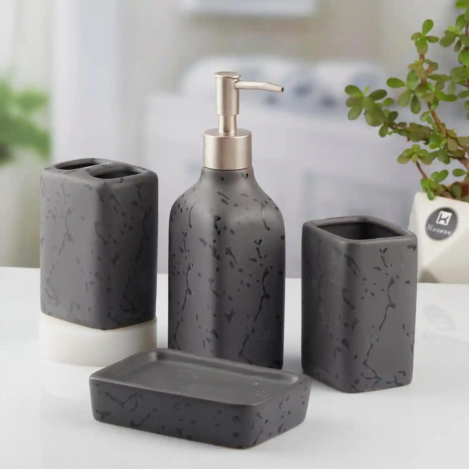 Kookee Ceramic Bathroom Accessories Set of 4, Modern Bath Set with Liquid hand wash Soap Dispenser and Toothbrush holder, Luxury Gift Accessory for Home, Grey (10446)