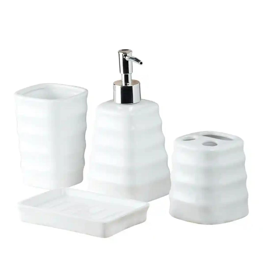 Kookee Ceramic Bathroom Accessories Set of 4, Modern Bath Set with Liquid handwash Soap Dispenser and Toothbrush holder, Luxury Gift Accessory for Home - White (10108)