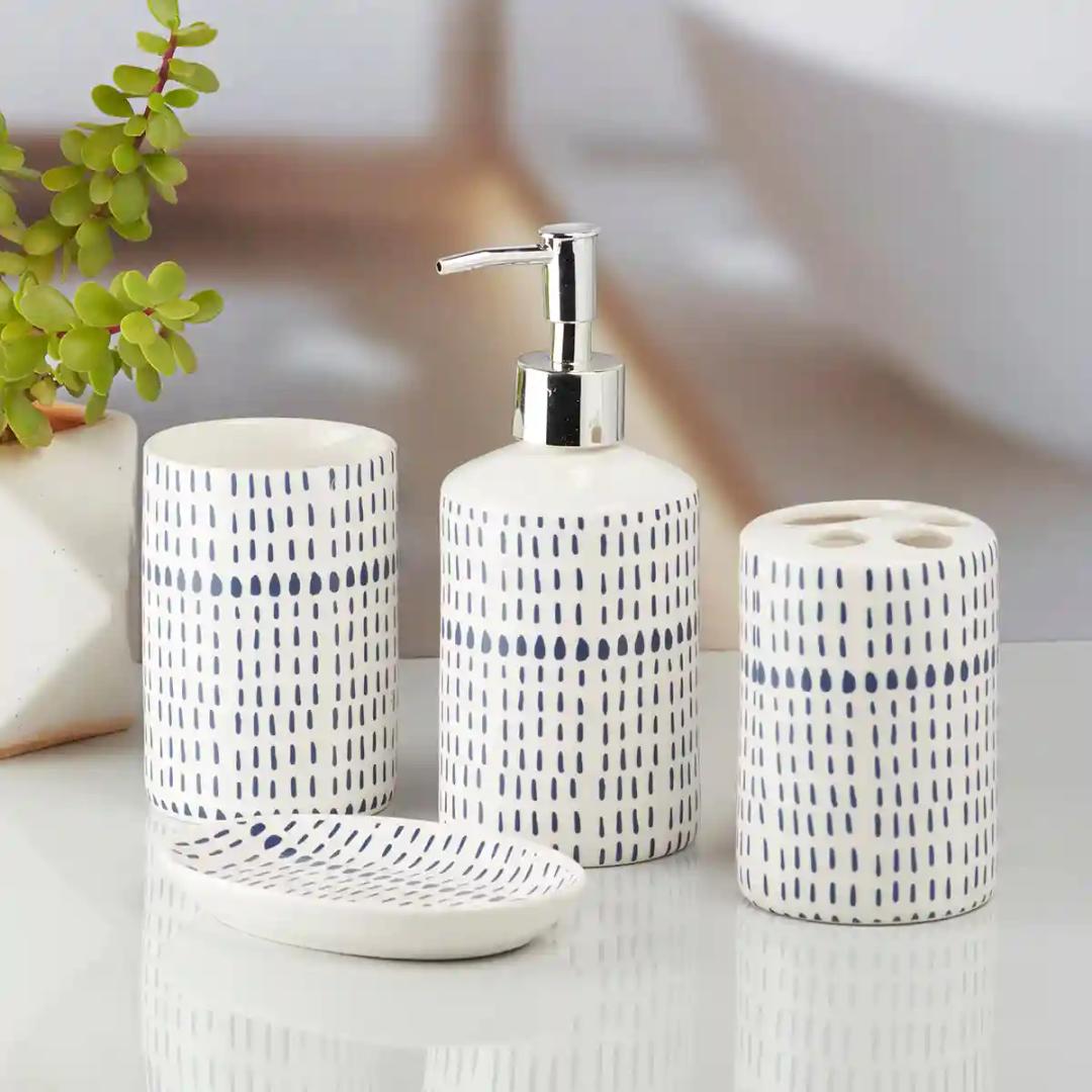 Kookee Ceramic Bathroom Accessories Set of 4, Modern Bath Set with Liquid handwash Soap Dispenser and Toothbrush holder, Luxury Gift Accessory for Home - White (10179)