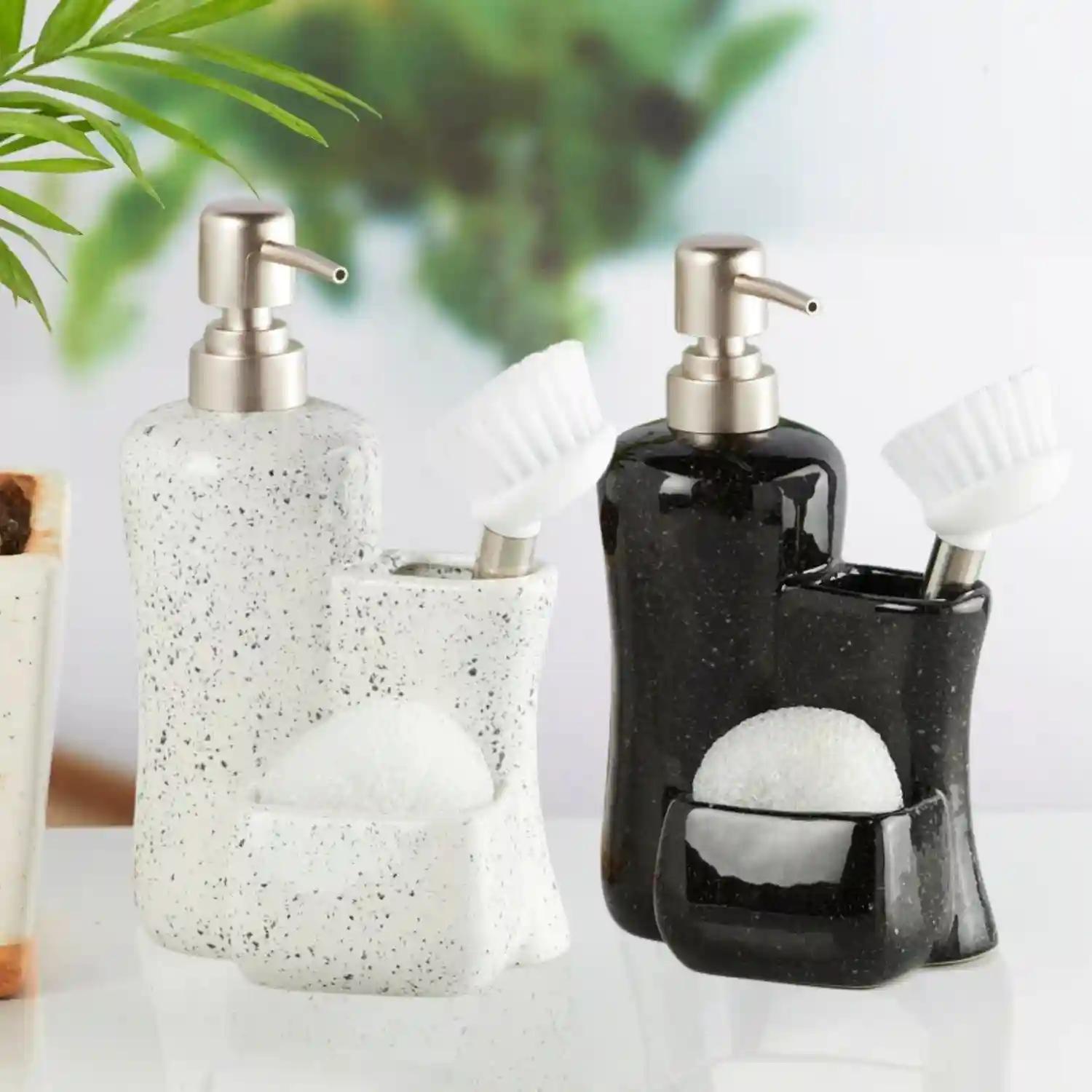 Kookee Ceramic Soap Dispenser for Bathroom hand wash, refillable pump bottle for Kitchen hand wash basin, Set of 2, White/Black (10820)