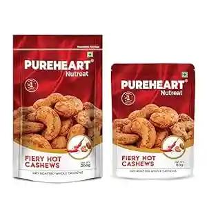 PUREHEART Nutreat Fiery Hot Cashews (Pack of 200 gm & 80 gm) Natural Premium Spicy Roasted Whole Cashew Nuts/Kaju Dry Fruit, Crunchy & Delicious Chili Cashews Combo - Resealable Pouch