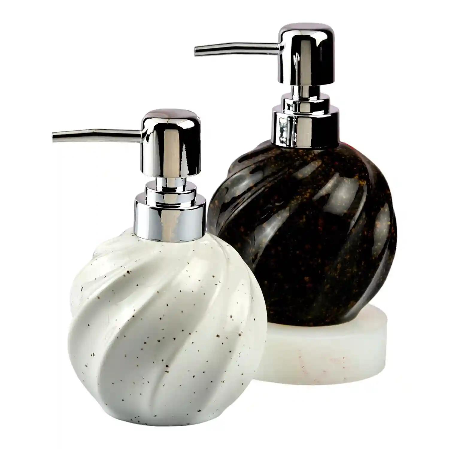 Kookee Ceramic Soap Dispenser for Bathroom hand wash, refillable pump bottle for Kitchen hand wash basin, Set of 2, Black/White (10562)