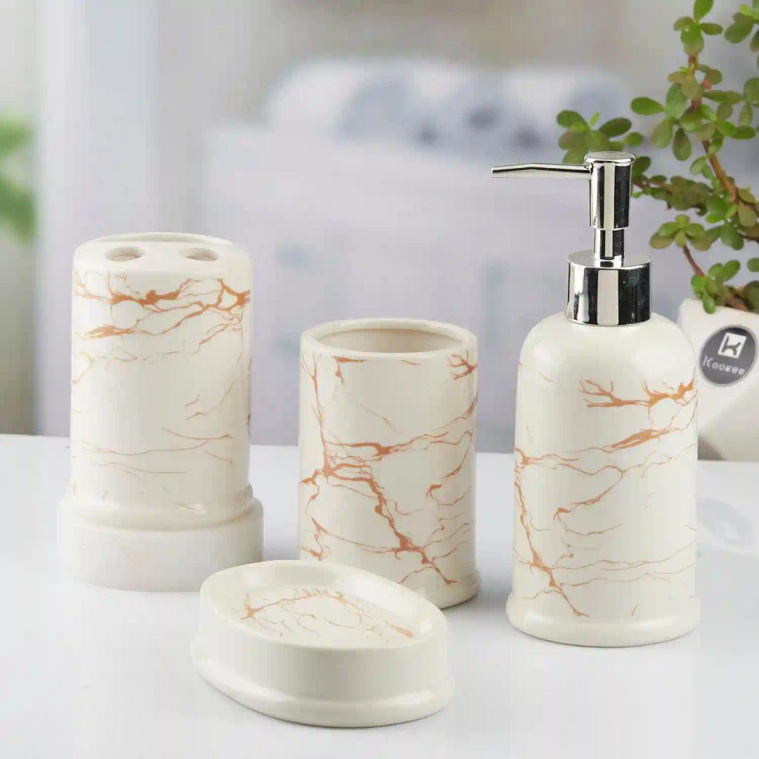 Kookee Ceramic Bathroom Accessories Set of 4, Modern Bath Set with Liquid hand wash Soap Dispenser and Toothbrush holder, Luxury Gift Accessory for Home, White/Gold (10392)