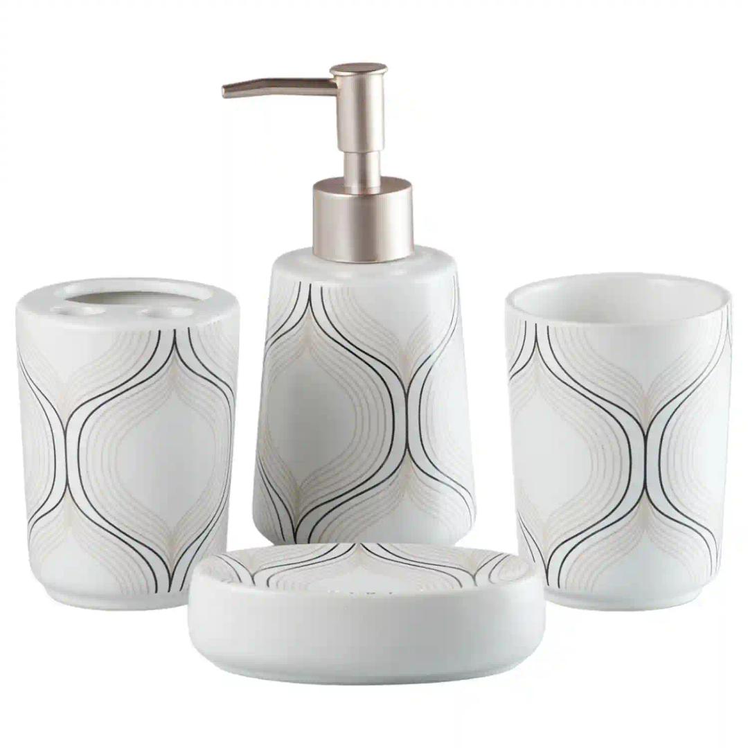 Kookee Ceramic Bathroom Accessories Set of 4, Modern Bath Set with Liquid handwash Soap Dispenser and Toothbrush holder, Luxury Gift Accessory for Home - White (10167)