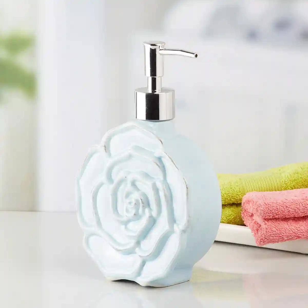 Kookee Ceramic Soap Dispenser for Bathroom handwash, refillable pump bottle for Kitchen hand wash basin, Set of 2 - Blue (7959)
