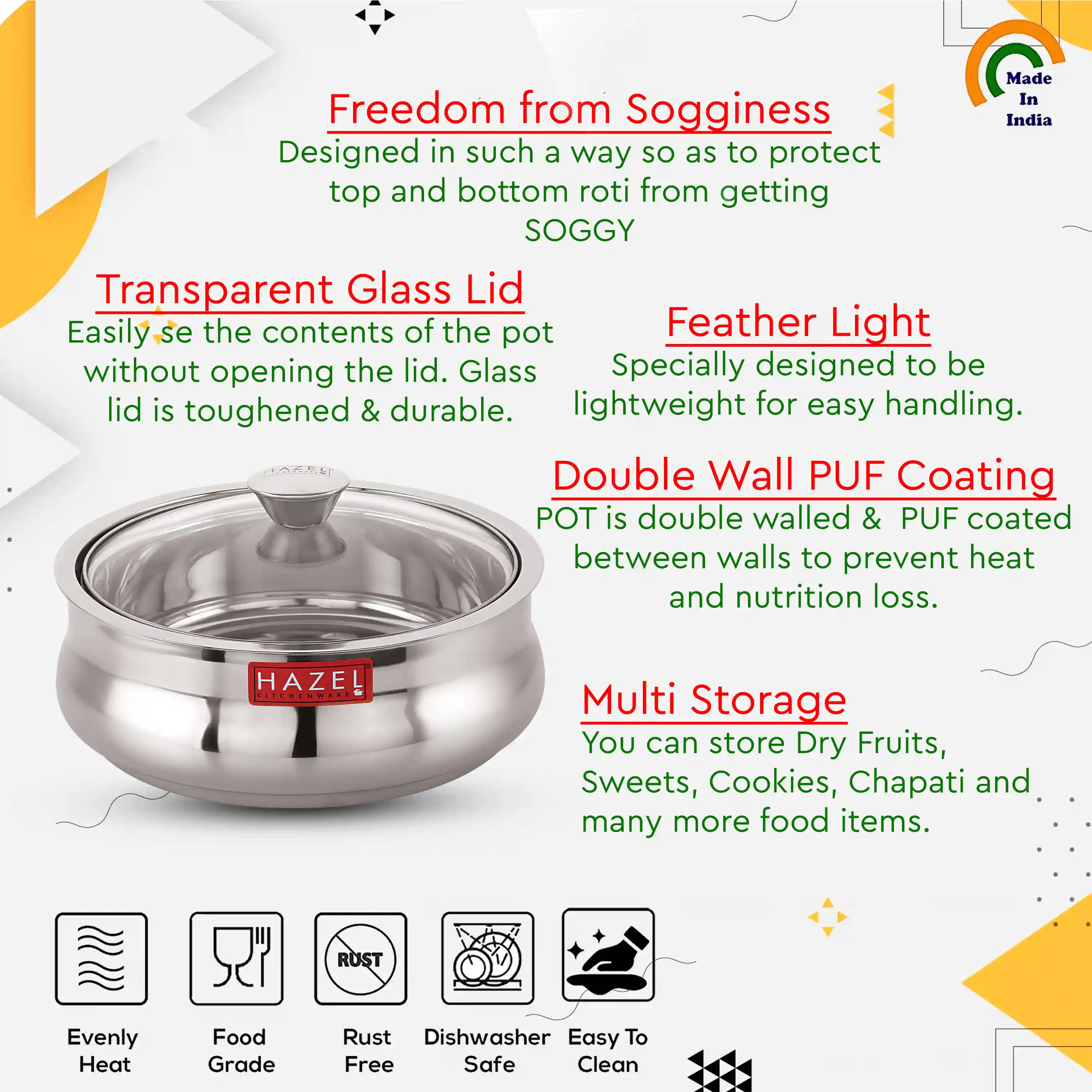 HAZEL Stainless Steel Casserole for Roti with Glass Lid | Chapati Casserole with Transparent Lid | Steel Roti Dabba for Serving | Hotcase for Food Serving, 1250 ML, Silver