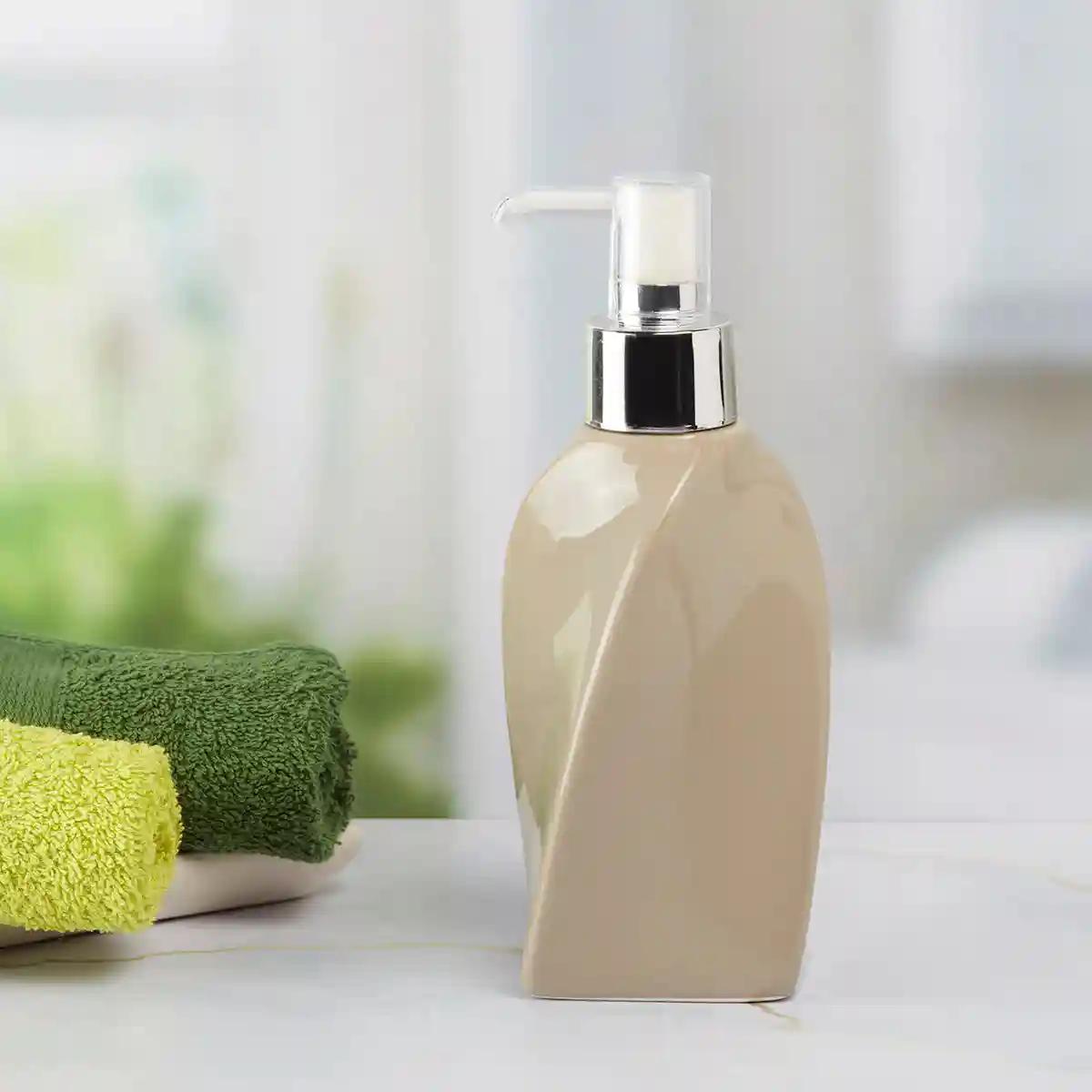 Kookee Ceramic Soap Dispenser for Bathroom handwash, refillable pump bottle for Kitchen hand wash basin, Set of 2 - Beige (9658)