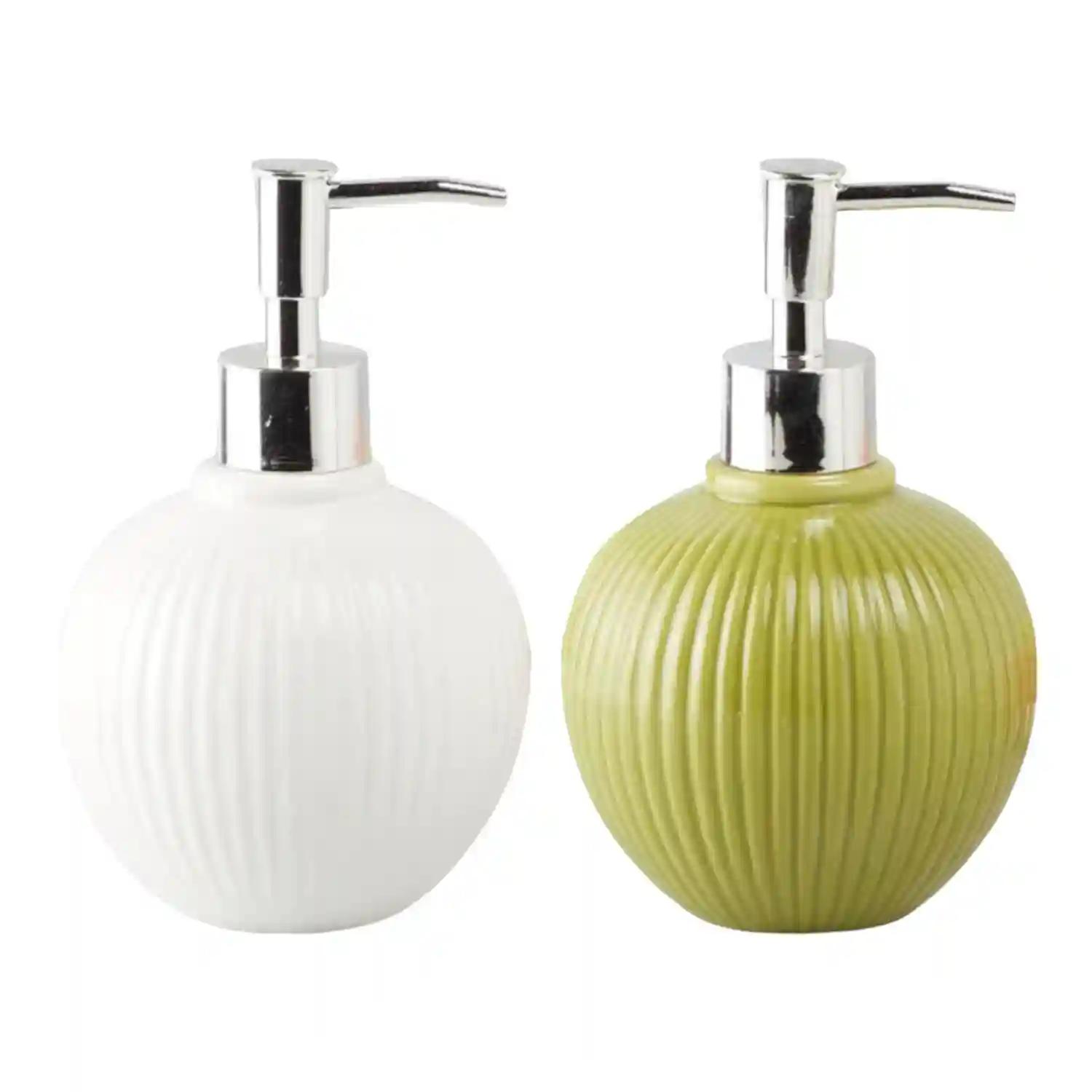 Kookee Ceramic Soap Dispenser for Bathroom hand wash, refillable pump bottle for Kitchen hand wash basin, Set of 2, White/Green (10853)