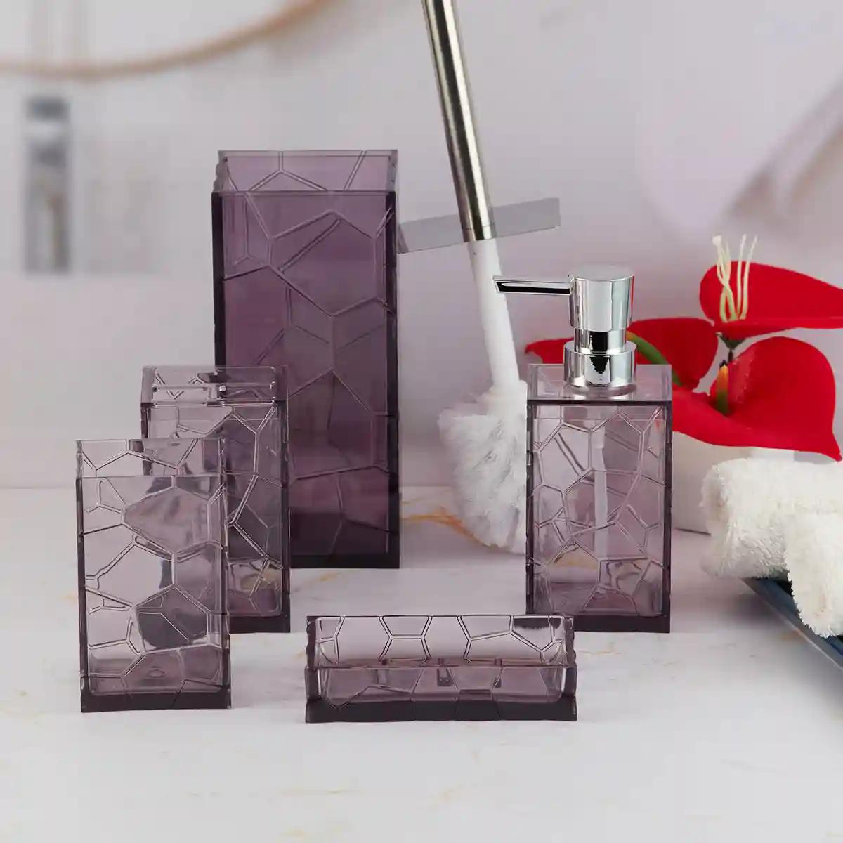 Kookee Acrylic Bathroom Accessories Set of 5, Modern Acrylic Bath Set with Liquid Soap Dispenser and Toothbrush Holder, Bathroom Accessory Set with Toilet Brush Gift Items for Home - Purple (10042)