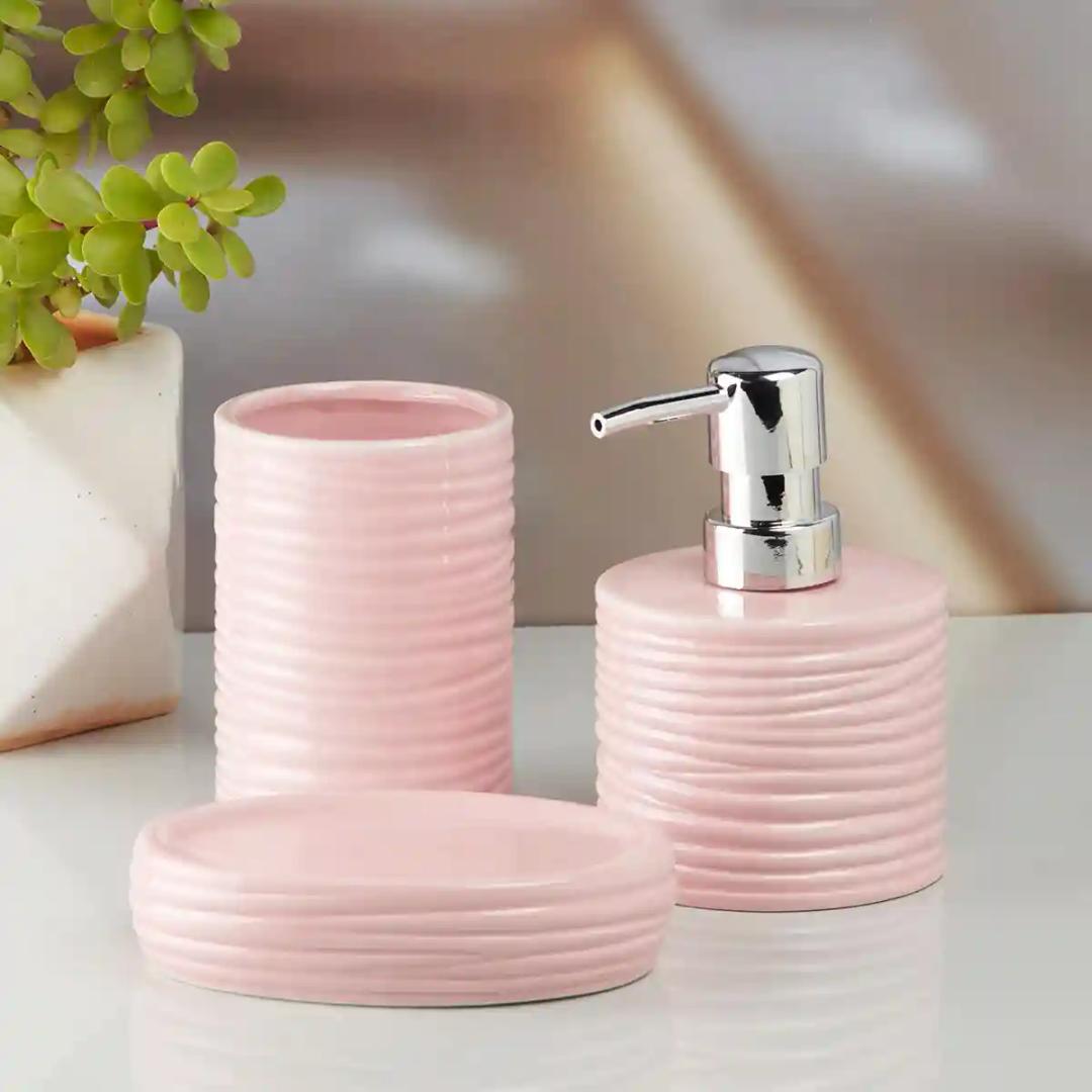 Kookee Ceramic Bathroom Accessories Set of 3, Modern Bath Set with Liquid handwash Soap Dispenser and Toothbrush holder, Luxury Gift Accessory for Home - Pink (10196)