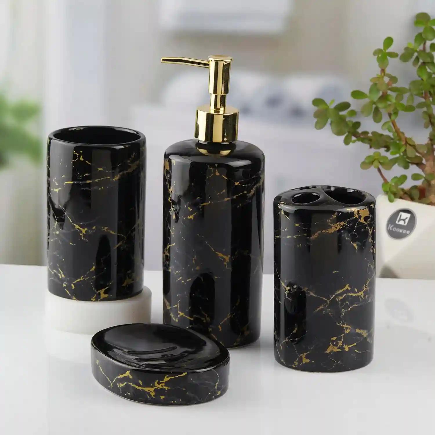 Kookee Ceramic Bathroom Accessories Set of 4, Modern Bath Set with Liquid hand wash Soap Dispenser and Toothbrush holder, Luxury Gift Accessory for Home, Black (10390)