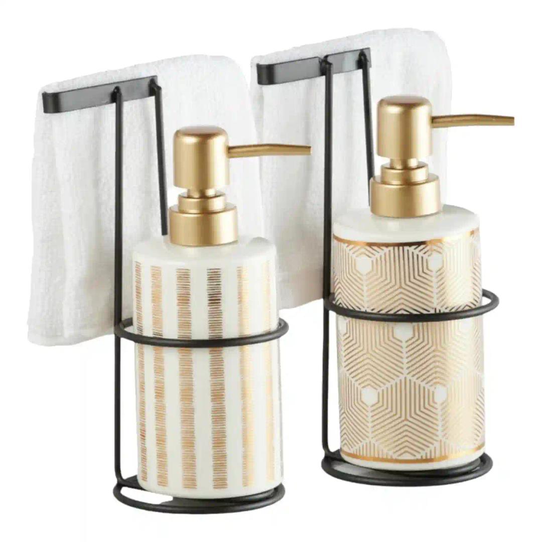 Kookee Ceramic Soap Dispenser for Bathroom hand wash, refillable pump bottle for Kitchen hand wash basin, Set of 2, White/Gold (11032)