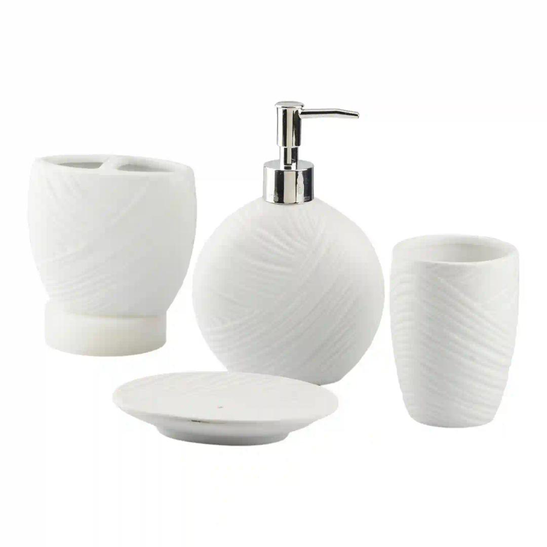 Kookee Ceramic Bathroom Accessories Set of 4, Modern Bath Set with Liquid hand wash Soap Dispenser and Toothbrush holder, Luxury Gift Accessory for Home, White (10431)