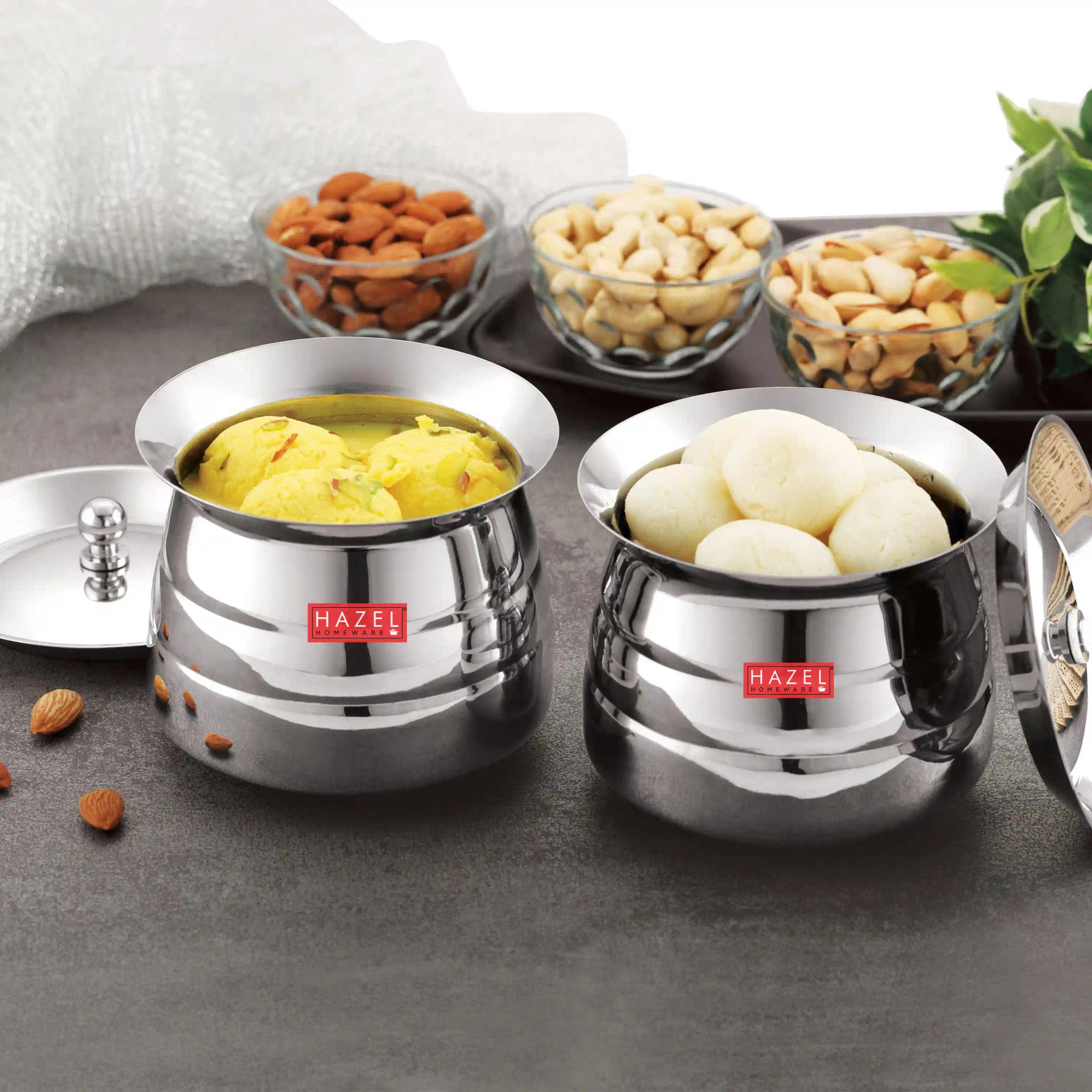 HAZEL Stainless Steel Serving Handi Set of 2 | Dal Handi Set for Serving | Serving Handi Small with Lid | 2 Piece Serving Pot, 850 ml