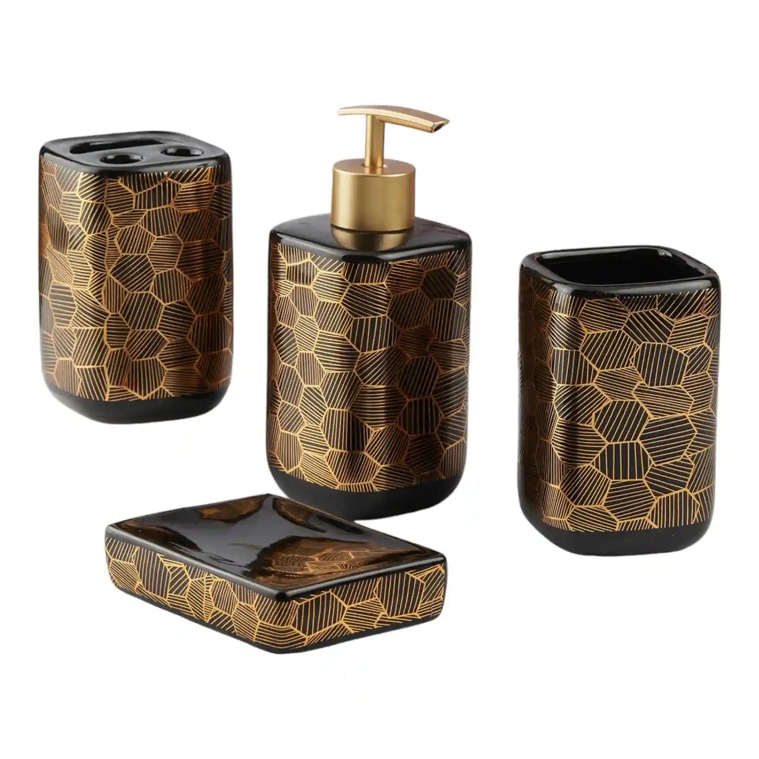 Kookee Ceramic Bathroom Accessories Set of 4, Modern Bath Set with Liquid hand wash Soap Dispenser and Toothbrush holder, Luxury Gift Accessory for Home, Black/Gold (10459)