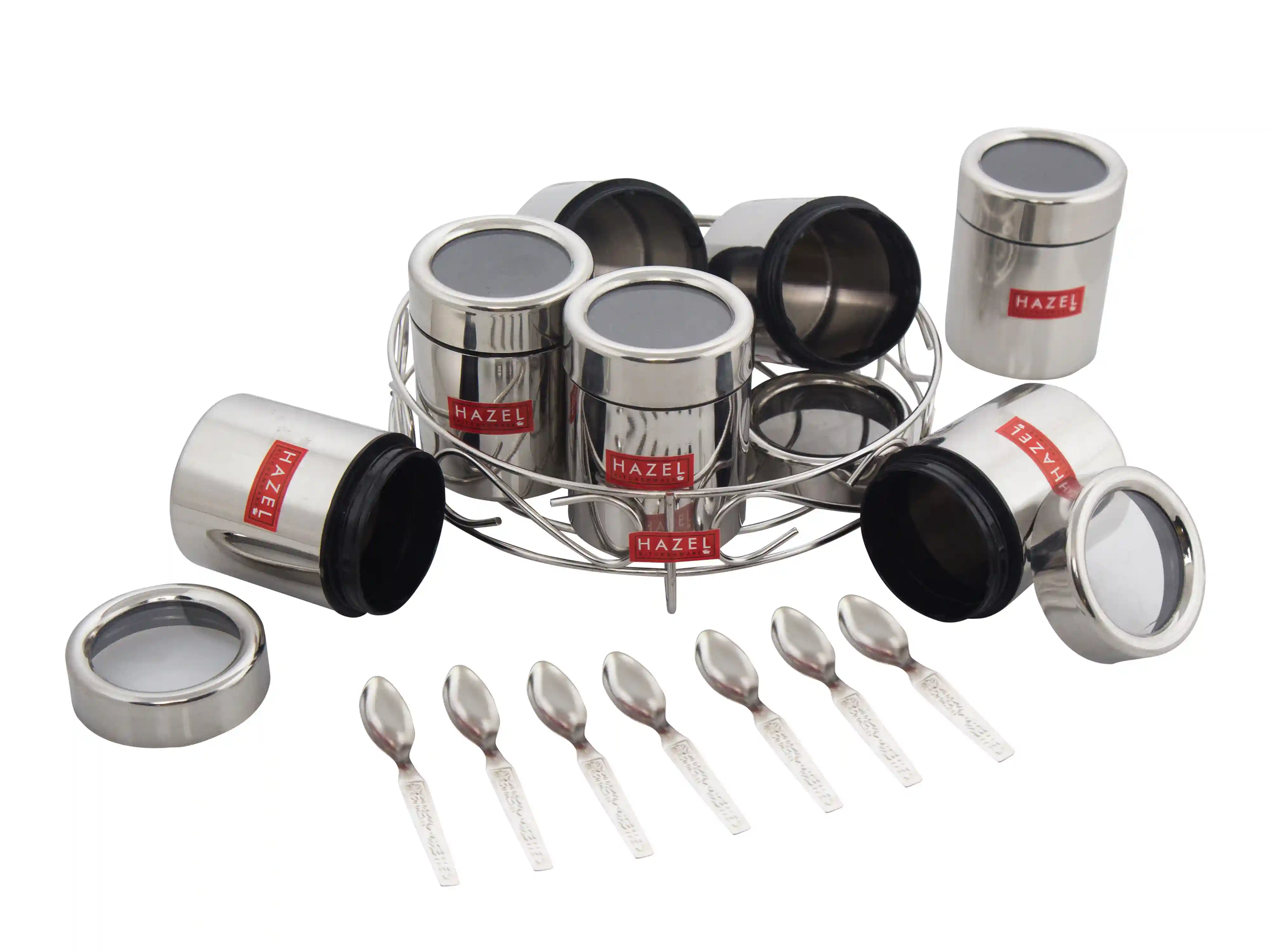 HAZEL Stainless Steel Masala Container | Set of 7 Masala Boxes for Kitchen with 7 Spoons | Small Container for Spices | Airtight Silver Color Box with Glossy Finish
