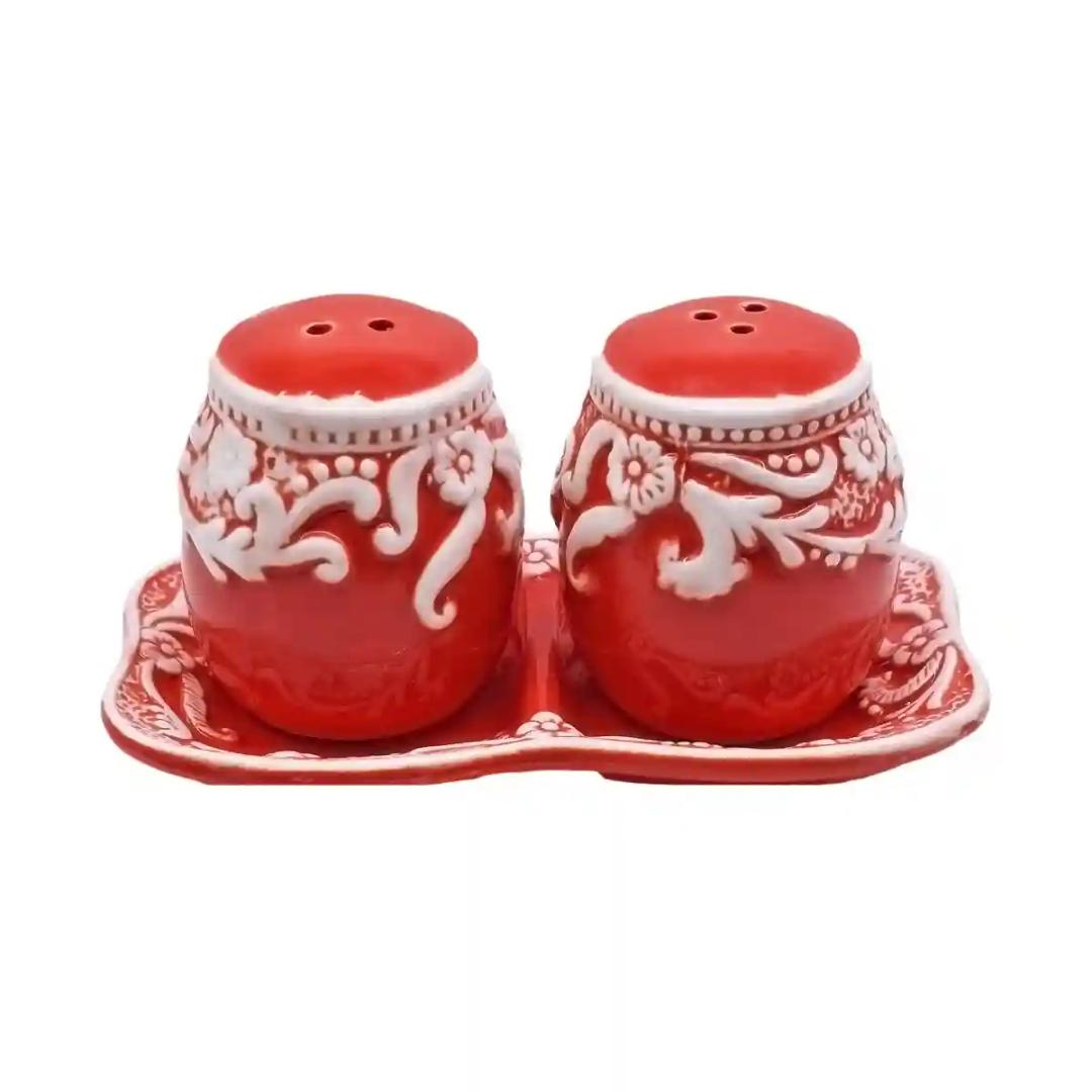 Kookee Ceramic Salt and Pepper Shakers Set with tray for Dining Table used as Namak Dhani, Shaker, Sprinkler, Spices Dispenser for Home, Kitchen and Restaurant, Floral Design, Red White (8565)