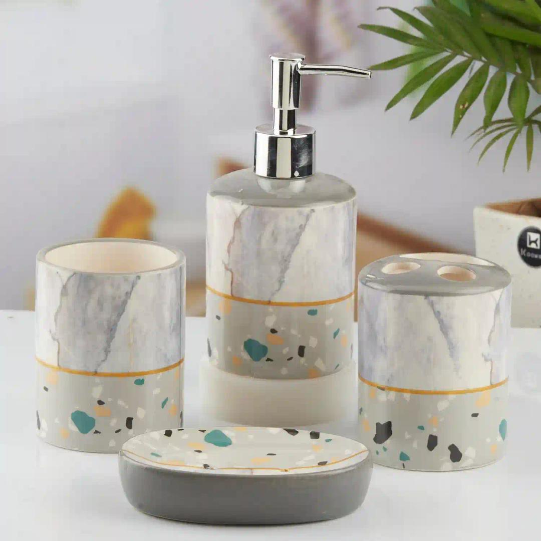 Kookee Ceramic Bathroom Accessories Set of 4, Modern Bath Set with Liquid hand wash Soap Dispenser and Toothbrush holder, Luxury Gift Accessory for Home, Multicolor (10472)