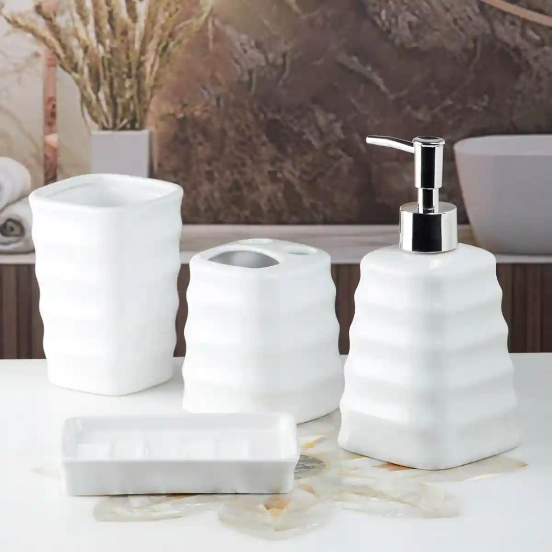 Kookee Ceramic Bathroom Accessories Set of 4, Modern Bath Set with Liquid handwash Soap Dispenser and Toothbrush holder, Luxury Gift Accessory for Home - White (10108)