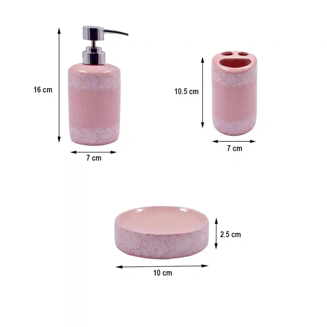 Kookee Ceramic Bathroom Accessories Set of 3, Modern Bath Set with Liquid handwash Soap Dispenser and Toothbrush holder, Luxury Gift Accessory for Home - Pink (5763)