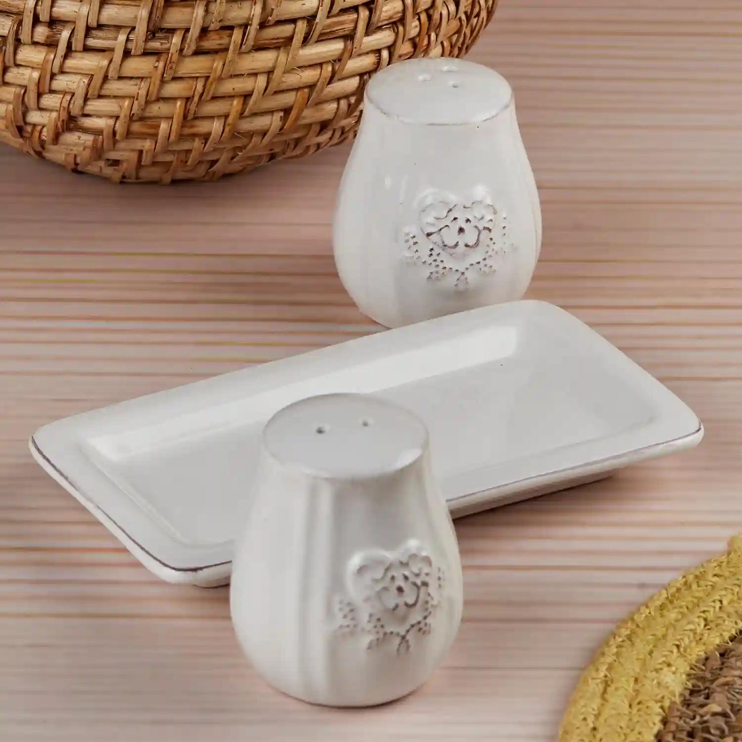 Kookee Ceramic Salt and Pepper Shakers Set with tray for Dining Table used as Namak Dhani, Shaker, Sprinkler, Spices Dispenser for Home, Kitchen and Restaurant, White (10656)