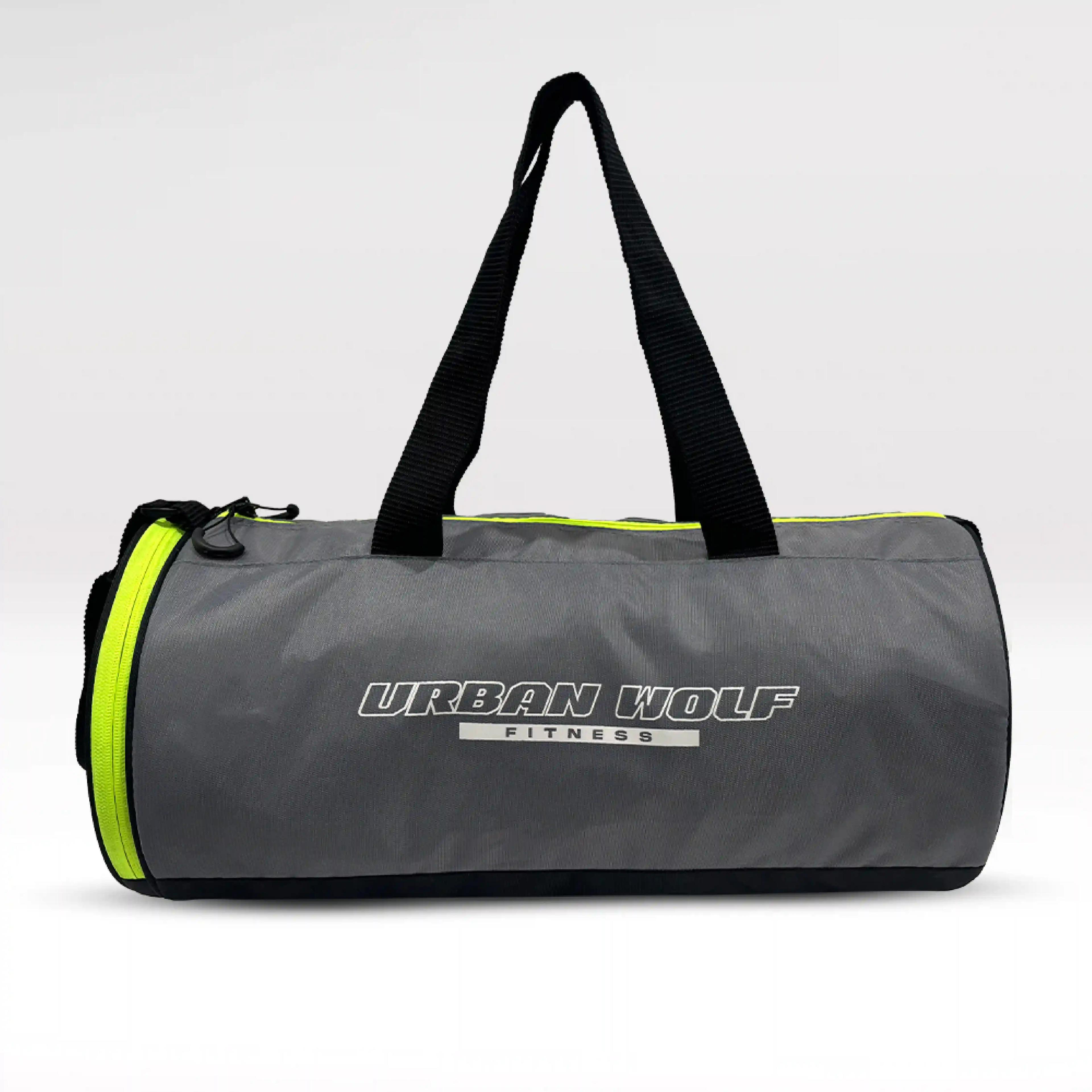 Urban Wolf 26L Gym Duffle Bag | Unisex Grey & Green Zipper | Separate Shoe Compartment | Quick Access Pocket | Durable Polyester | Multi-Functional Sports & Travel Bag | Dimensions 49x23x23 cm