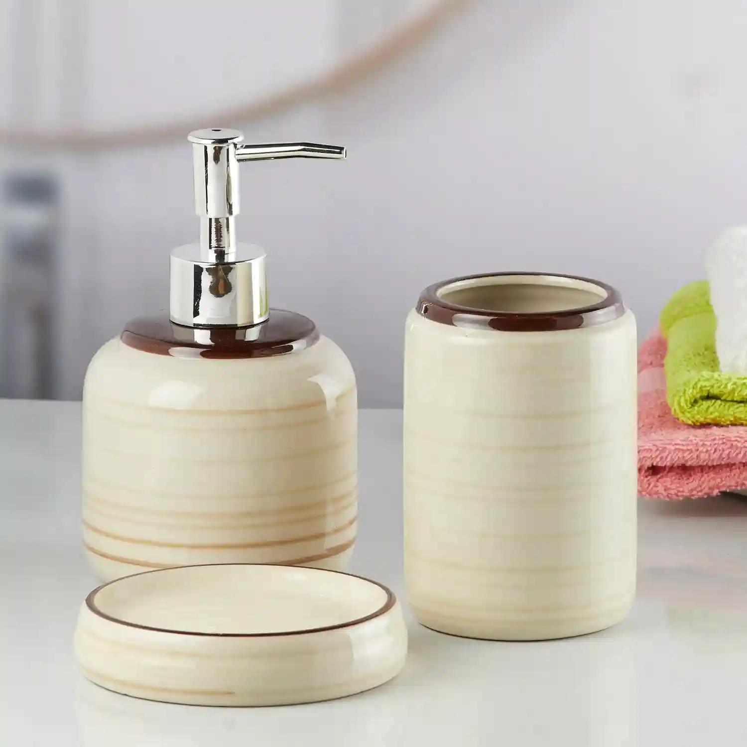 Kookee Ceramic Bathroom Accessories Set of 3, Modern Bath Set with Liquid handwash Soap Dispenser and Toothbrush holder, Luxury Gift Accessory for Home - Beige (10263)